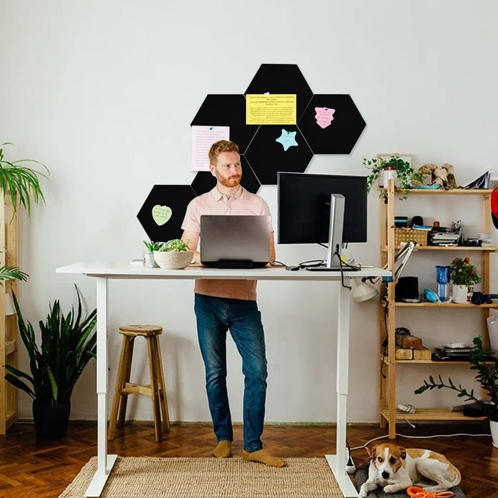 Vuzvuv 6 Pcs Hexagon Bulletin Board with 50 Pushpins & Sticky Note Adhesive Cork Board for Wall，Felt Pin Board for School，Office Decor（Black）