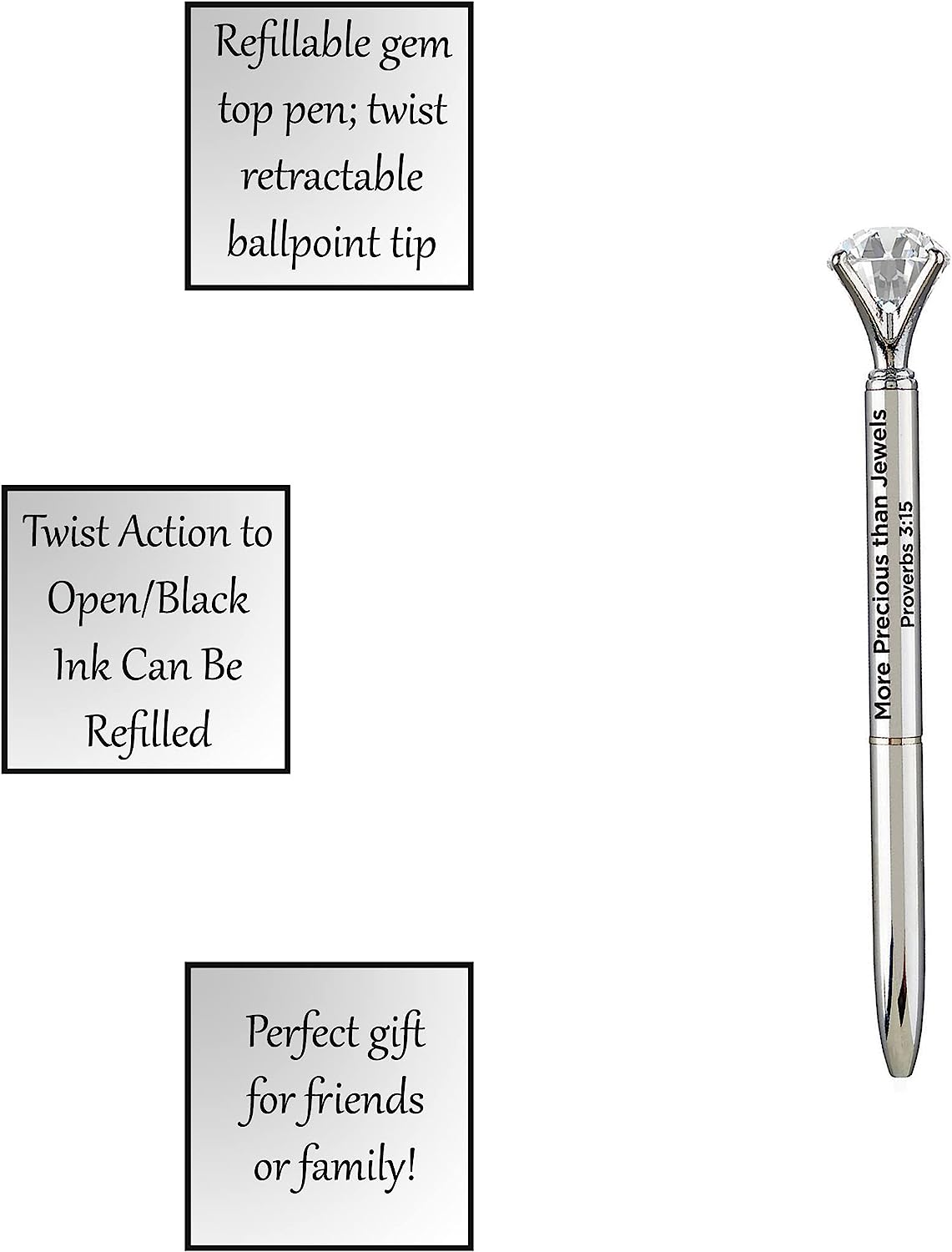 More Precious than Jewels Proverbs 3:15 Silver Toned Plastic Gem Topped Pen, Pack of 3 image number 1