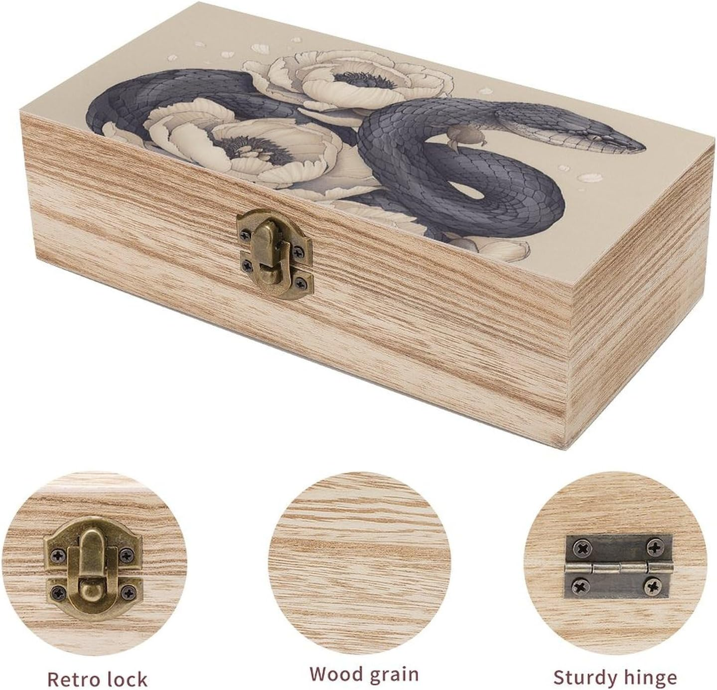 Black Snake and Flower Wooden Box Wood Wedding Keepsake Boxes with Lids Small Decorative Boxes Lightweight Wooden Memory Storage Box for Crafts Keepsakes Jewelry Photo Letter Storage