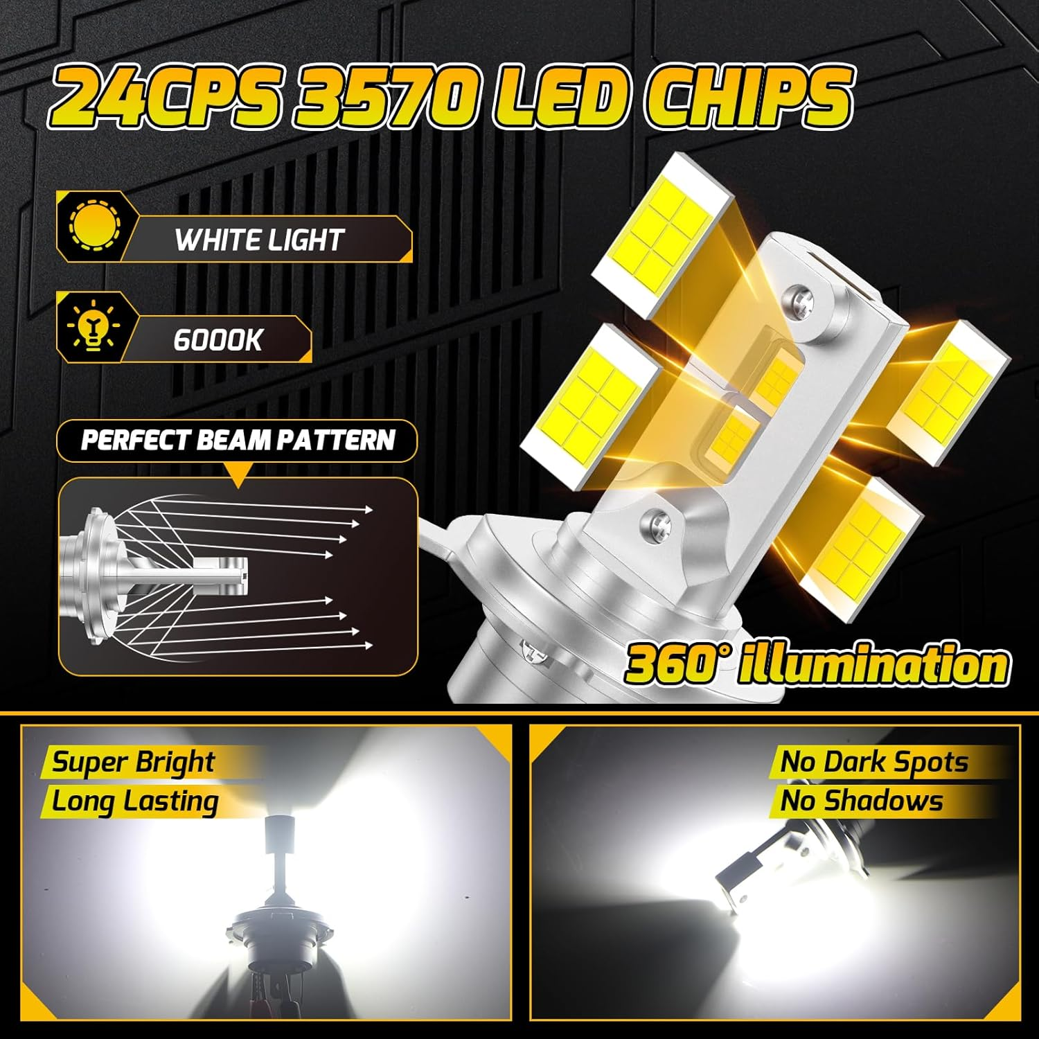 Kaidengzhe H4 LED Bulb 6000LM HB2 Bulb 60W 6000K 1:1 Mini Size Car 9003 Led Headlight Conversion Kit IP68 Fog Light Bulbs Plug & Play for High Low Beam Halogen Replacement, Pack of 2 image number 6