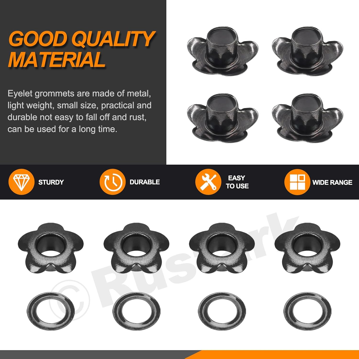 Rustark 200Pcs 5Mm Black Flower Eyelet Grommets Assortment Kit Floral Metal Eyelets Grommets Flower Shaped Craft Eyelets Findings for Shoes Clothes Leather DIY Craft image number 2