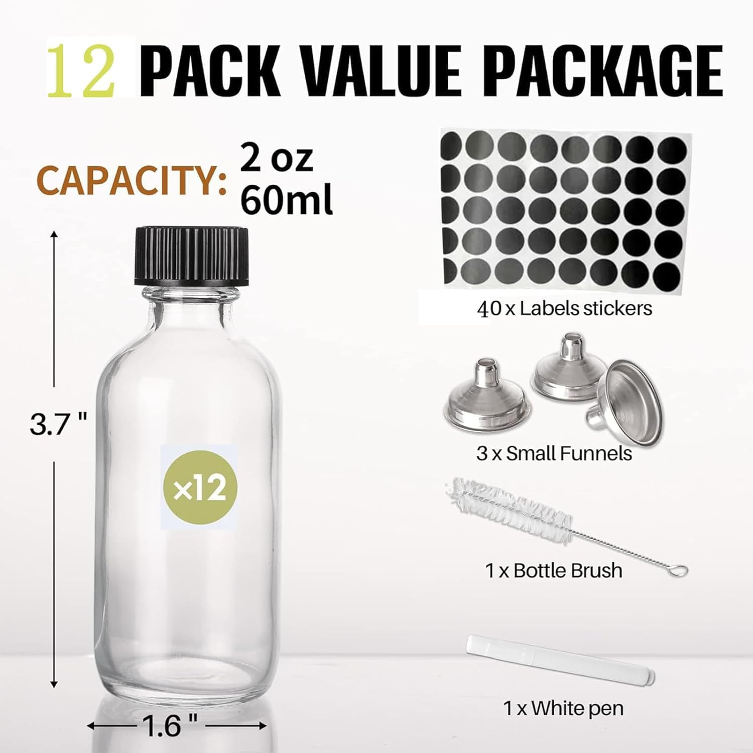 12 Glass Bottles Set with Lid, Small Glass Container with Lid, Spice Jar, Juice Bottle, 60Ml Travel Sample Bottle, with 3 Stainless Steel Funnels, Stickers, Cup Brush, Pen,Packed in a Separate Box image number 1