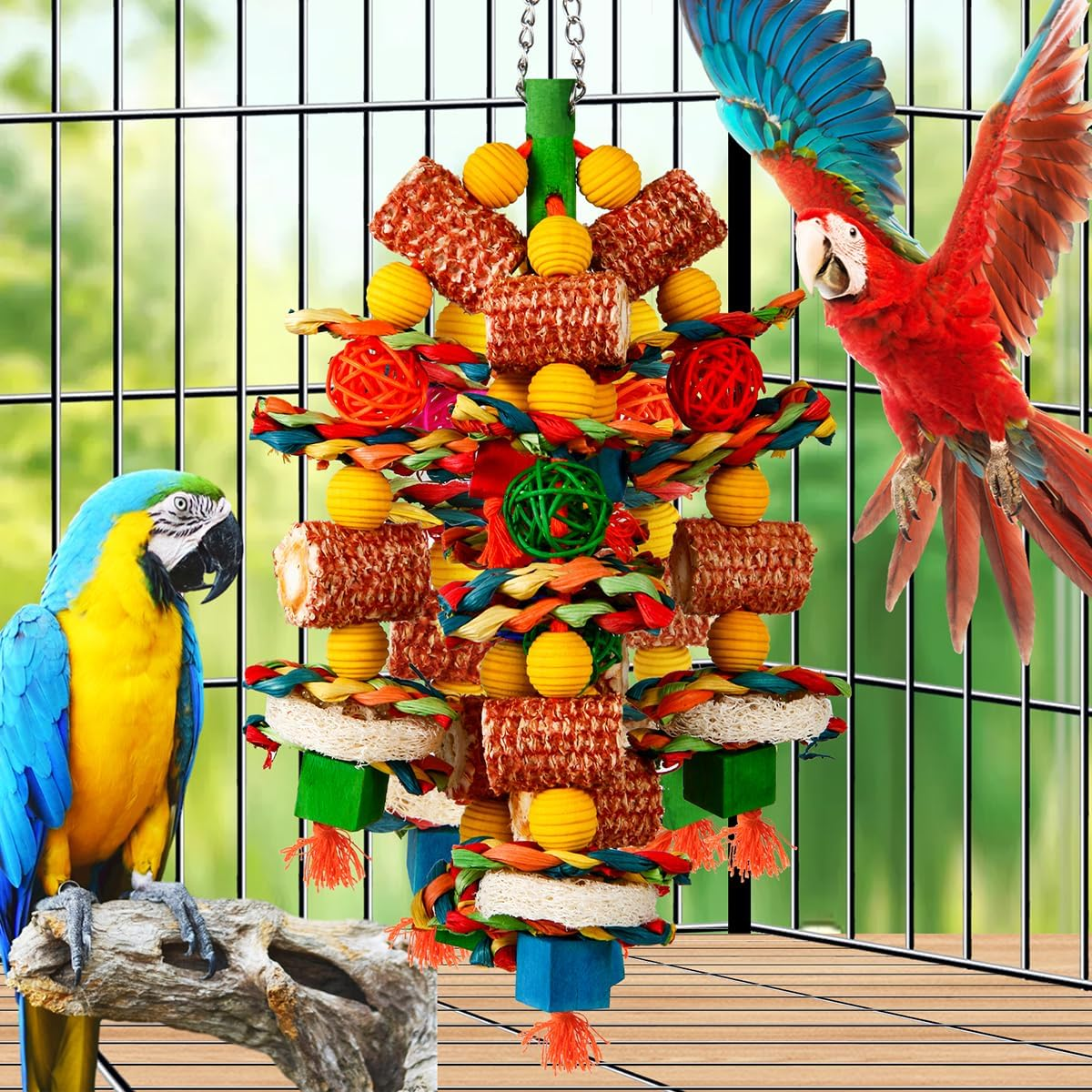 Bird Toys, Parrot Toys for Large Birds,Natural Corn Cob and Loofah Slices Bird Chew Toys for African Grey Parrots, Macaws, Cockatoos, Amazon Parrot and Other Small and Medium-Sized Parrot (Colorful) - Colorful image number 2