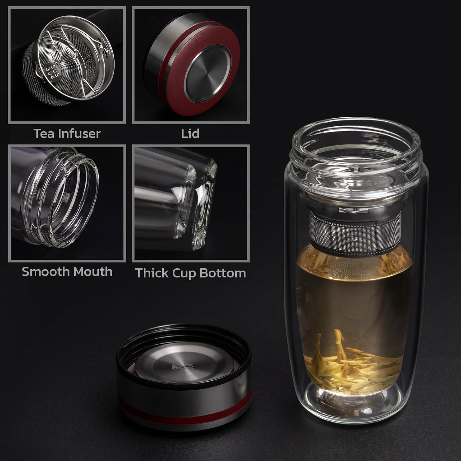 13Oz Double Wall Glass Water Bottle with Tea Infuser, Tea Tumbler with Strainer,Reusable Travel Mug with Neoprene and Stainless Steel Lid - Blue image number 2