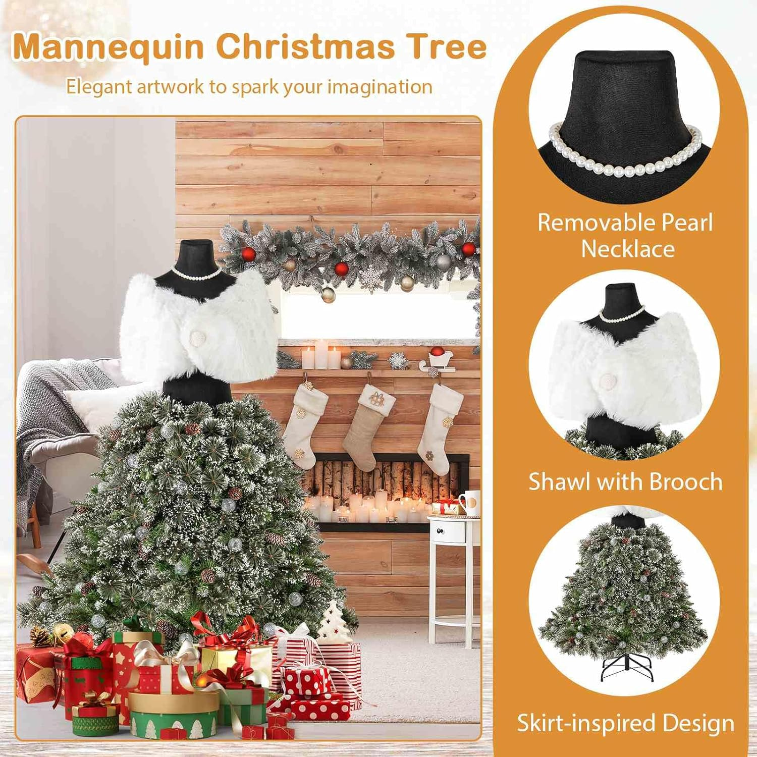 Costway 150CM Pre-Lit Mannequin Artificial Christmas Tree, Hinged Dress Form Xmas Tree W/ 465 Branch Tips, 50 LED Light Balls, 36 Natural Pine Cones, Shawl, Necklace, Holiday Decoration for Home Party image number 2