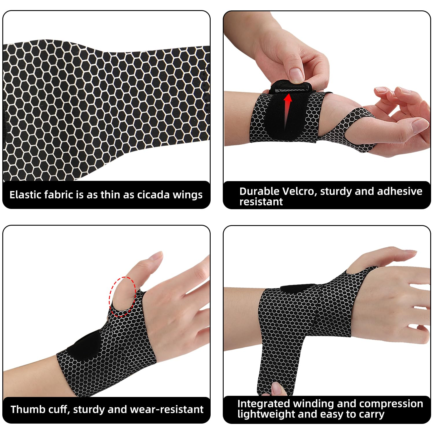 2 Pcs Ultra-Thin Wrist Brace and Compression Wraps - Elastic Adjustable Carpal Tunnel Support Sleeves for Sports Fitness (Black) - Black image number 4