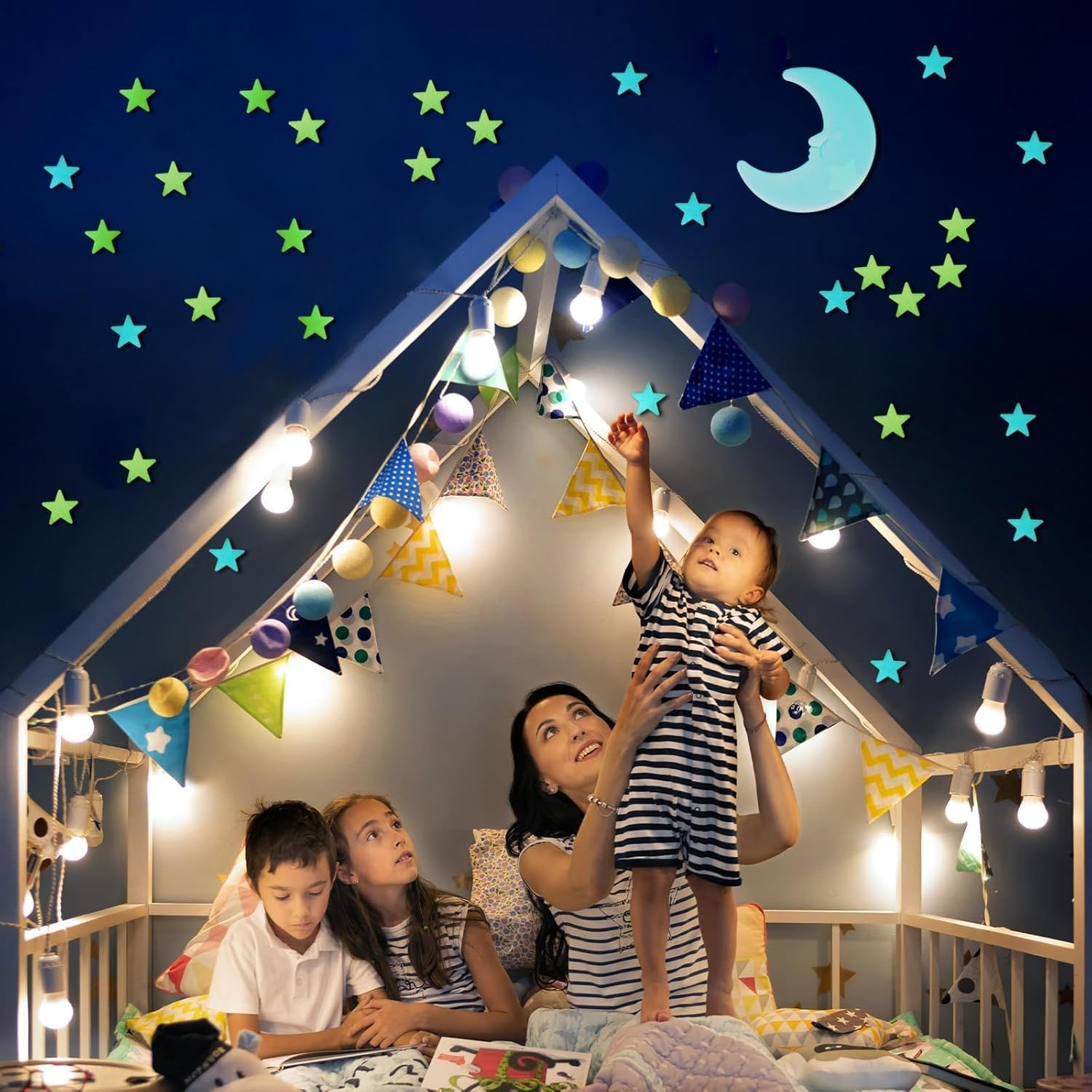 Glow in the Dark Stars and Moons for Kids Bedroom &ndash; 200 Glow Stars Ceiling Stickers & 6 3D Moons &ndash; Wall & Ceiling Room Decor for Boys and Girls image number 5