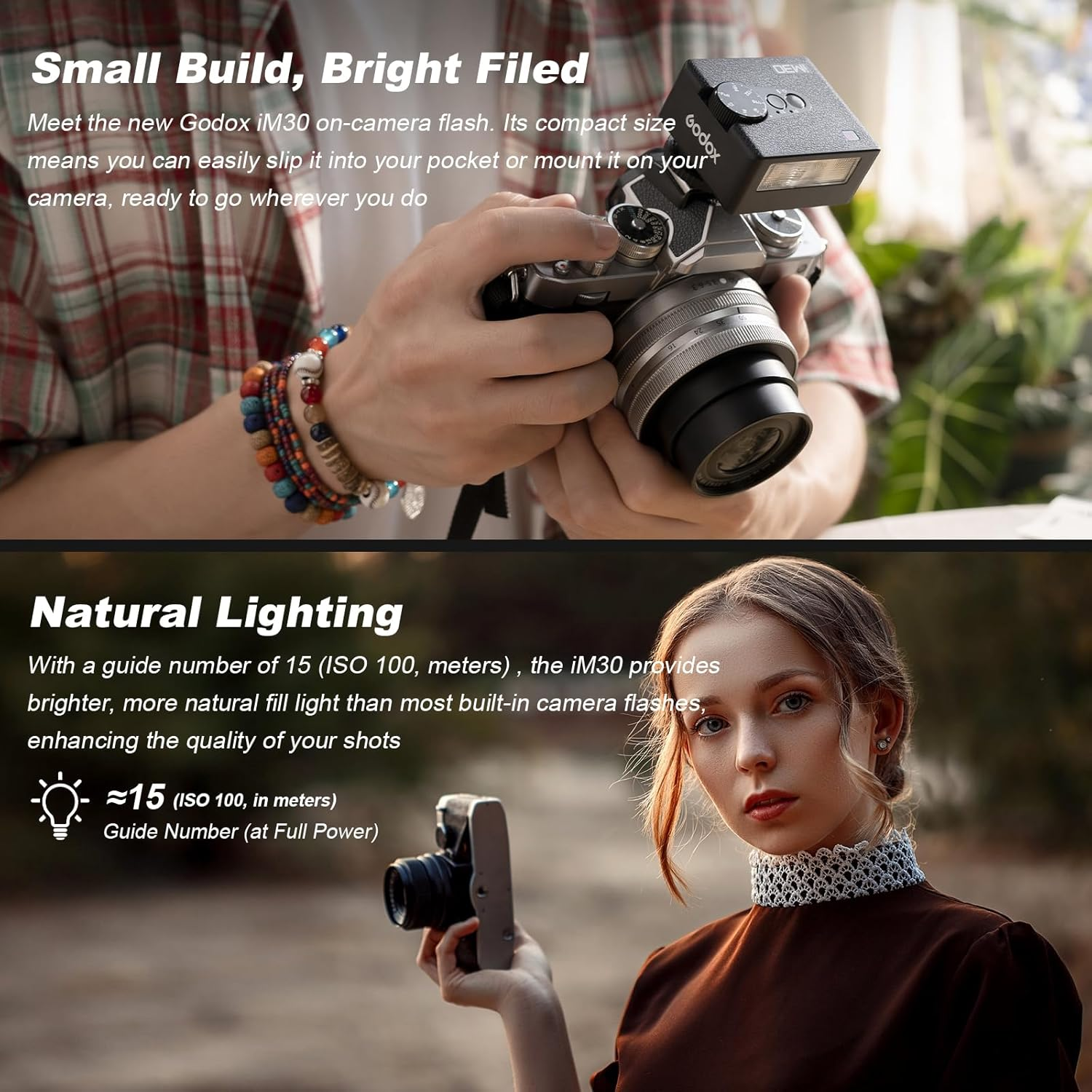 Godox IM30 Mini Pocket Flash Manual Speedlite, S1/S2 Optical Control, Portable Hot Shoe Flash 7 Power Levels 6500 K &plusmn; 200 K Colour Temperature for Sony, Canon, Nikon, Fuji, Pentax (With Tri-Colour image number 1