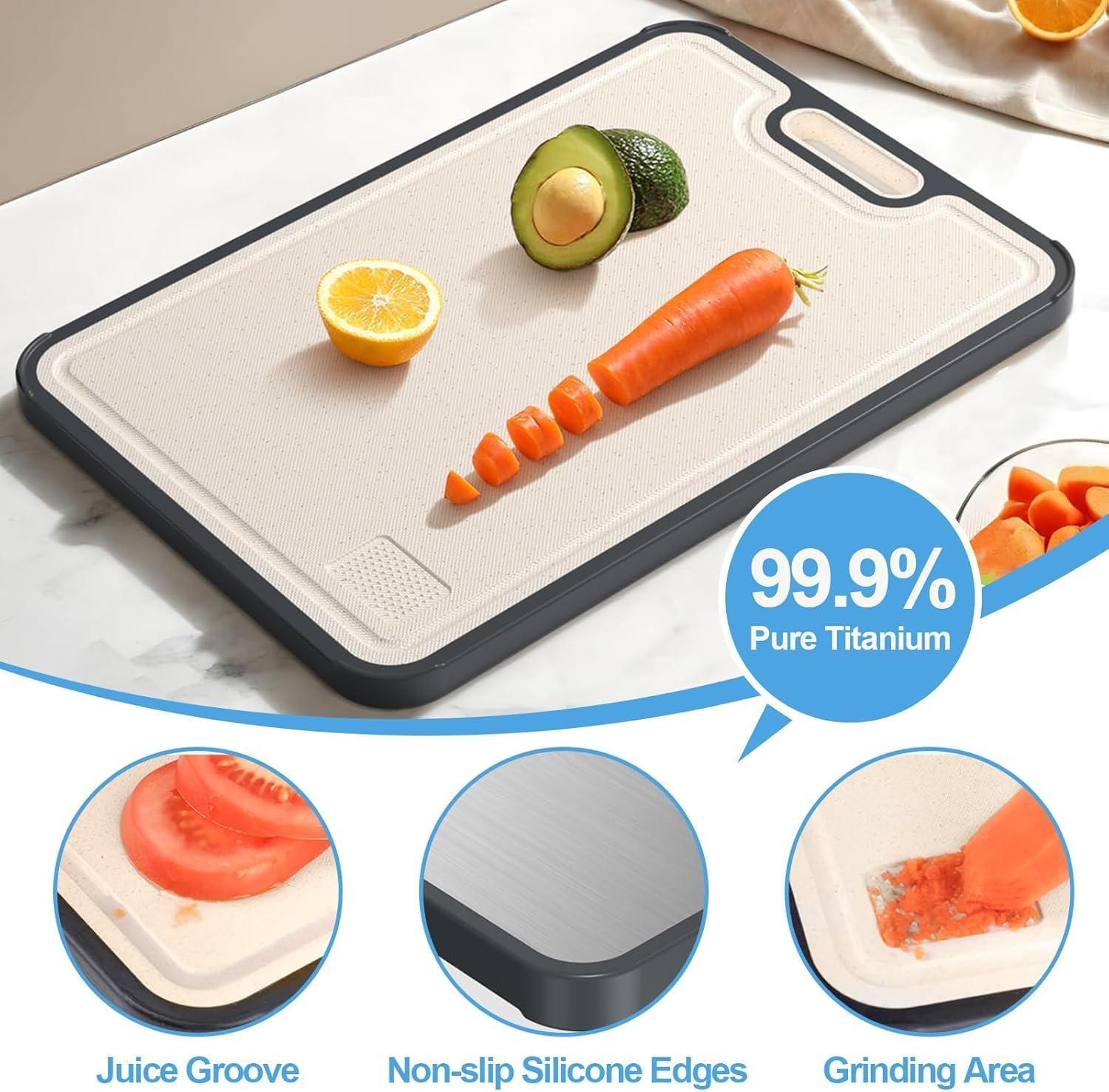 100% Pure Titanium Cutting Boards with Garlic Grinder，Double Sided Wheat Straw and Titanium Chopping Board,38X26X1.4Cm Large Cutting Boards with Non-Slip Handle，Easy to Clean Odorless and Antibacteria image number 4