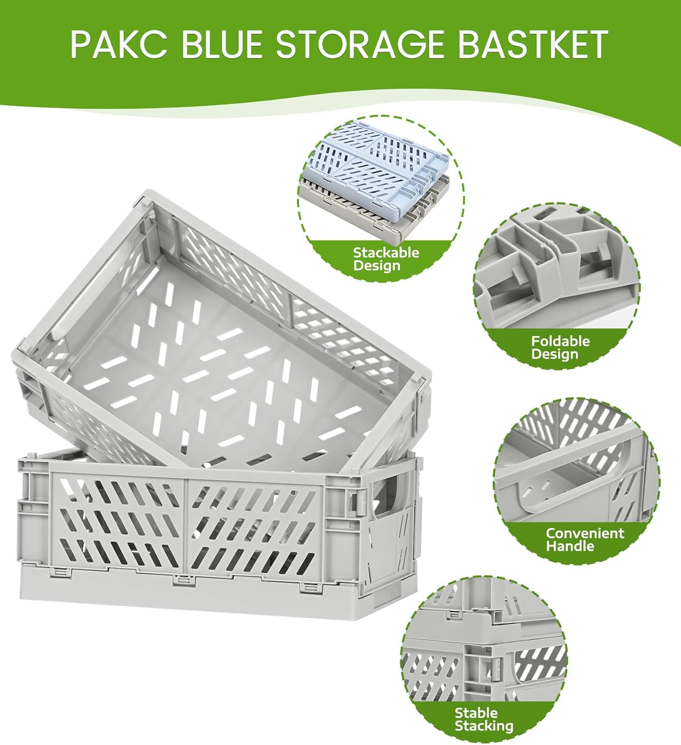 2-Pack Pastel Storage Crates, Plastic Crates, Baskets for Organizing, Collapsible Storage Crates for Bedroom Decor Classroom Office Kitchen Bathroom Home (Grey, 9.8" X 6.5" X 3.8")
