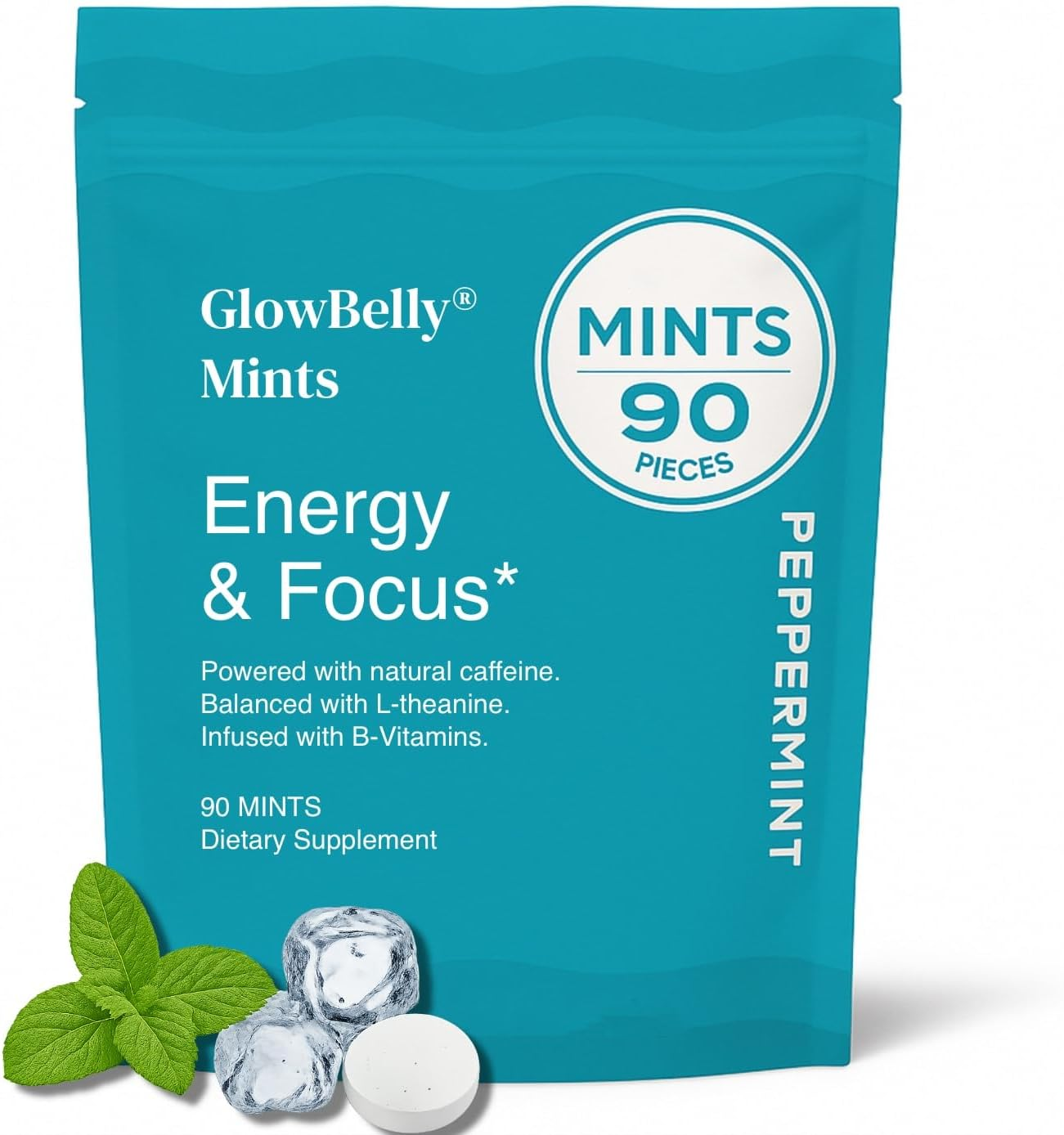 Glowbelly Energy Focus Mints, Natural Peppermint Flavour with Caffeine, L-Theanine & B-Vitamins 90 Pieces Sugar Free Breath Mints image number 3