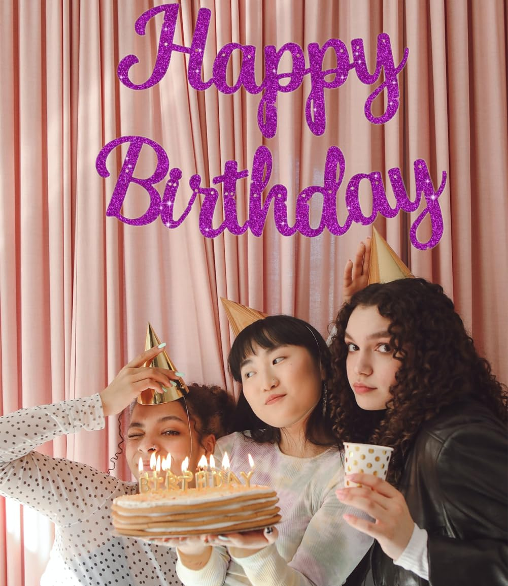 Cursive Glitter Happy Birthday Banner, 10 Feet Birthday Party Decorations HBD Sign Decor (Hot Pink) - Royal Blue image number 4