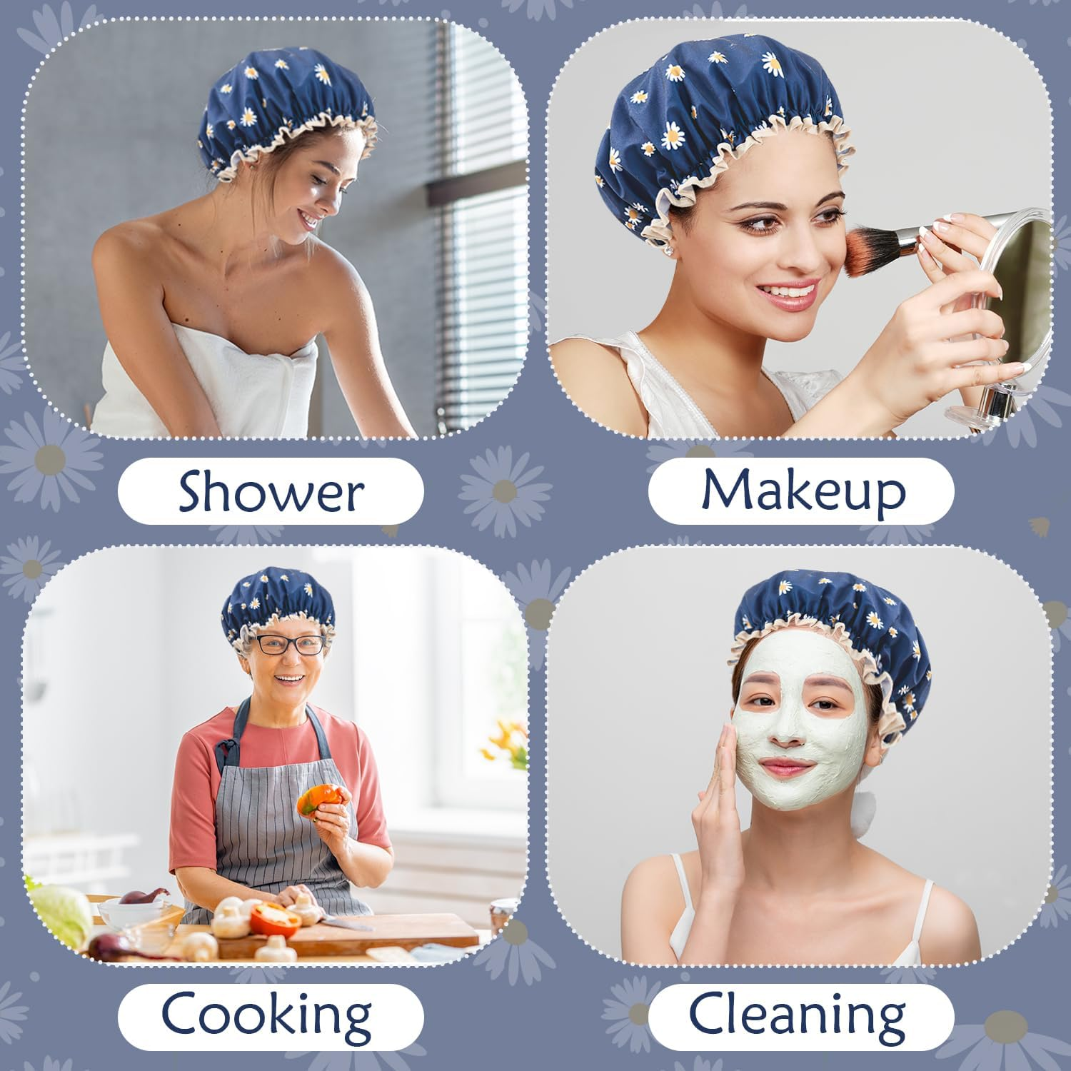 Women'S Double Layer Waterproof Shower Cap with Floral Pattern for Long Short Curly Hair (Blue) image number 1