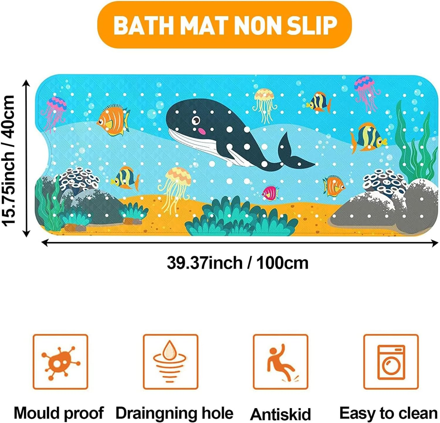Make Bath Time Safe and Fun with Our Non-Slip Bath Mat for Kids, anti Slip Bathroom Toddler Shower Mat, Bath Mats with Suction Cups & Drain Holes, Machine Washable - Sea World Design