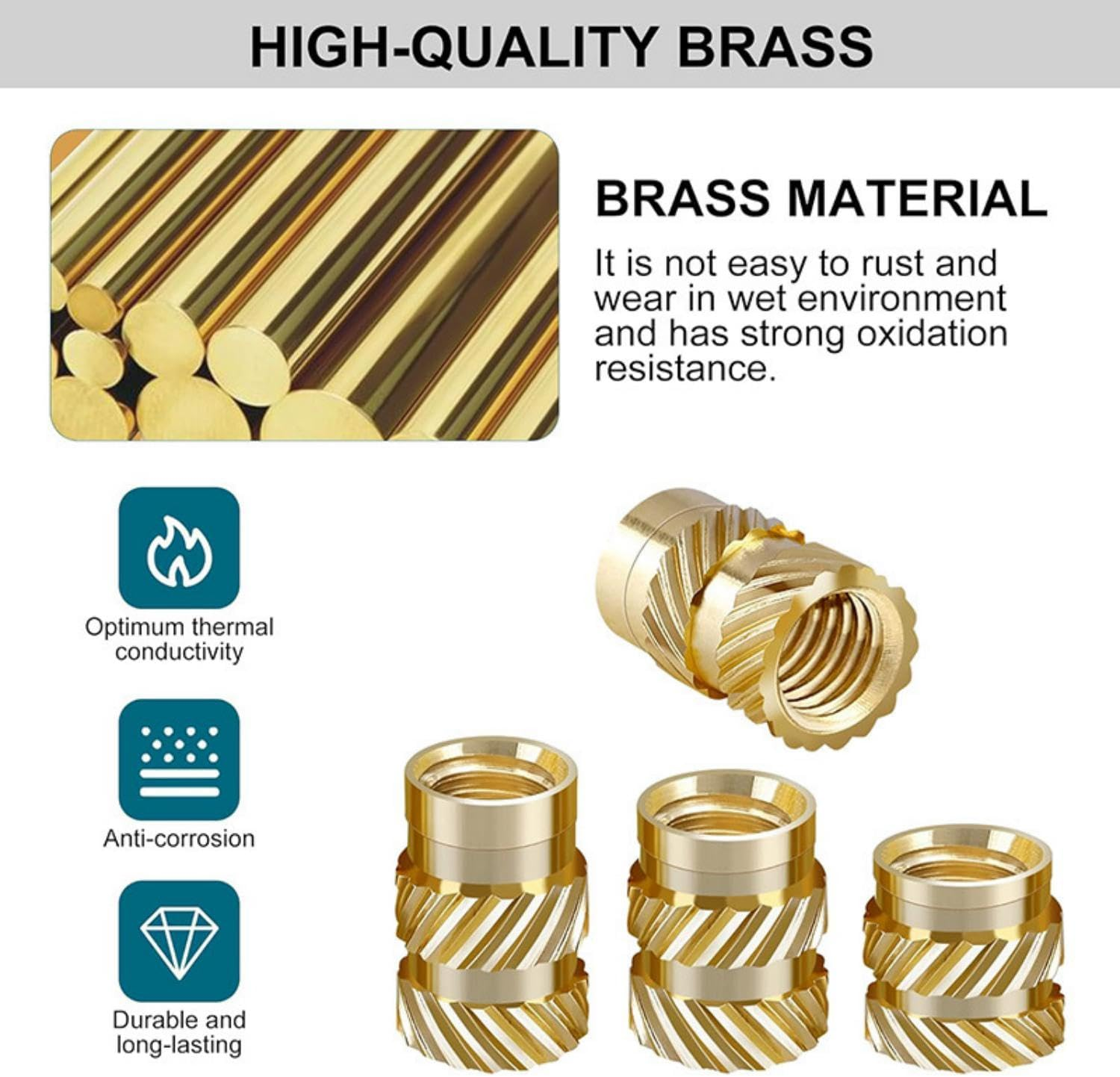 350Pcs Threaded Inserts, M2 M2.5 M3 M4 M5 M6 Brass Heat Set Insert Female Thread Metric Knurled Nuts Assortment Kit, Embedment Nuts for Plastic and 3D Printing Components Molding Assortment Kit