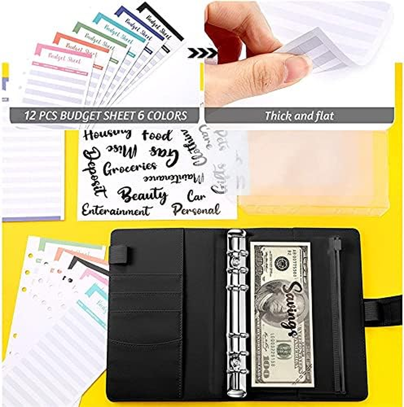 A6 PU Leather Binder Budget Planner Organizer 6 Ring Binder Cover, 8Pcs Binder Pockets, 12Pcs Expense Budget Sheets & 2Pcs Categories Sticker Labels, Money Saving Binder for Budgeting(Black) image number 1