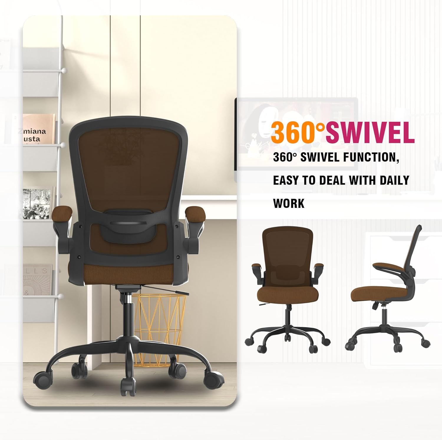 Office Chair, Ergonomic Desk Chair with Adjustable Lumbar Support, High Back Mesh Computer Chair with Flip-Up Armrests-Bifma Passed Task Chairs (Modern, Caramel) - Carmine Roses image number 6