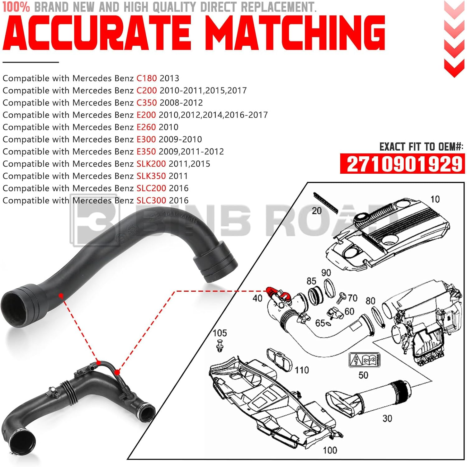 BINB ROAD Turbo Intake Pipe Repair Mini Hose 2710901929 Compatible with Mercedes Benz C180 C200 C260 E200 E260 CGI SLK200 M271 W204 W212 W172 image number 5