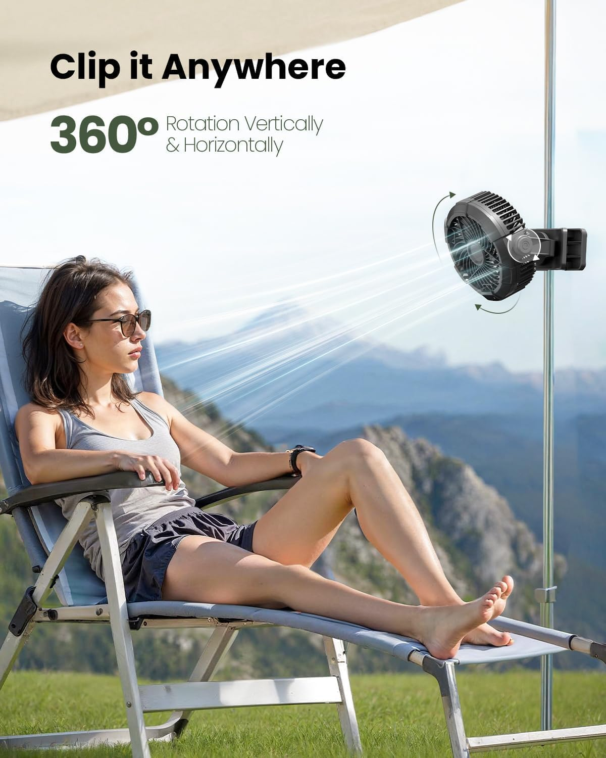 Gaiatop Portable Camping Fan with LED Lantern, 360&deg;Rotation and Clip on for Desk, 4000Mah USB Rechargeable Battery Powered, Digital Display and Hanging Hook for Tent Outdoor Travel Bedroom Black image number 4