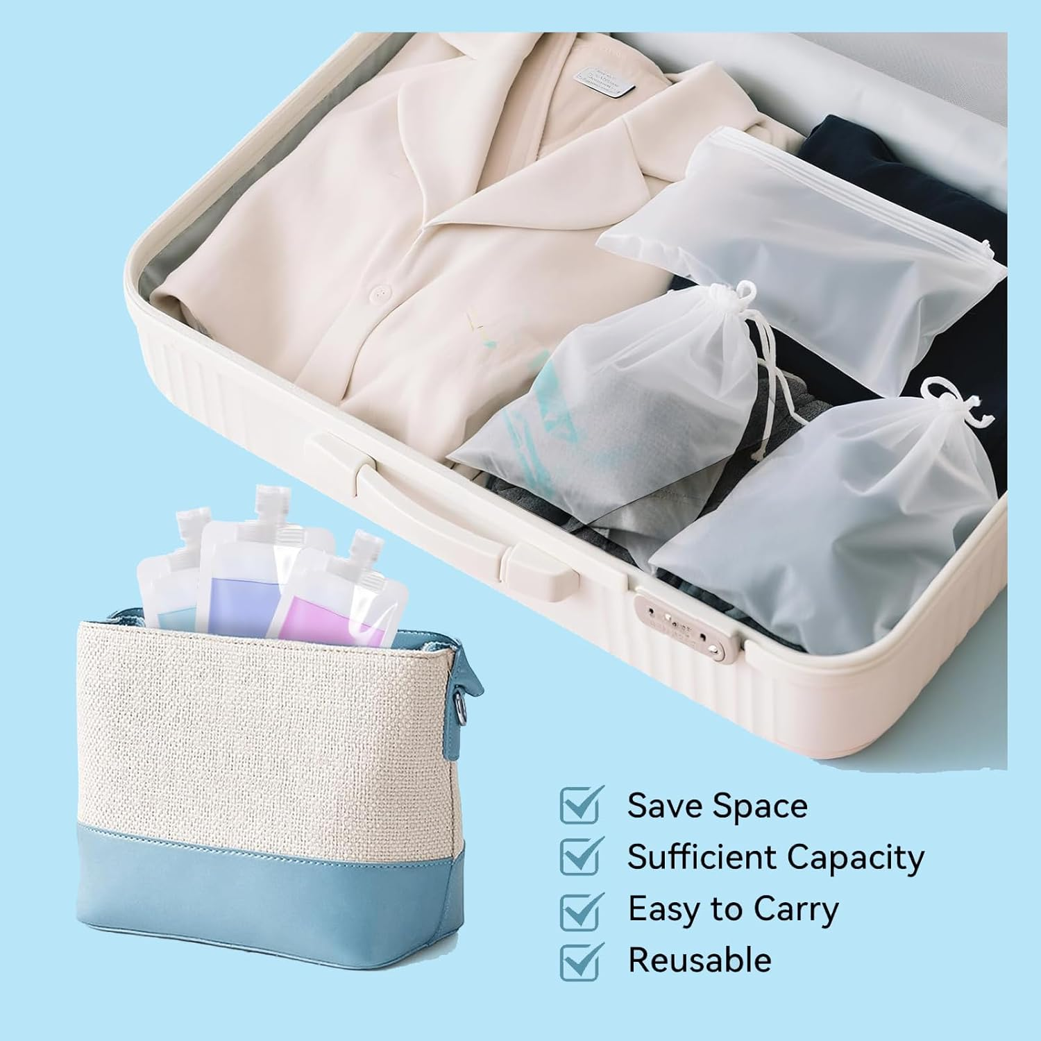 Travel Pouch for Toiletries,12 PCS Refillable Travel Toiletries Pouches,Clear Leakproof Toiletry Bags with Write-On Labels, Portable Travel Bottles for Liquids Makeup,Shampoo,Conditioner,Lotion(100Ml) image number 3