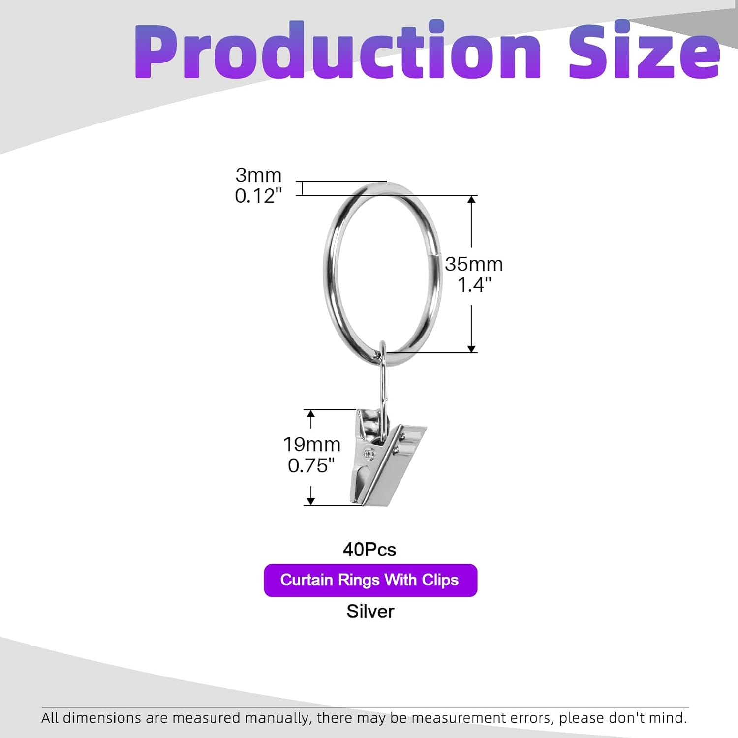Swpeet 40 Pack Silver Curtain Rings with Clips, Curtain Clip Rings Hooks, Bow Hanger Clips, Hangers Drapes Rings for Hanging Drapery Drapes Bows, Ring 1.38" Interior Diameter, Fits up to 1" Rod - Silver image number 7