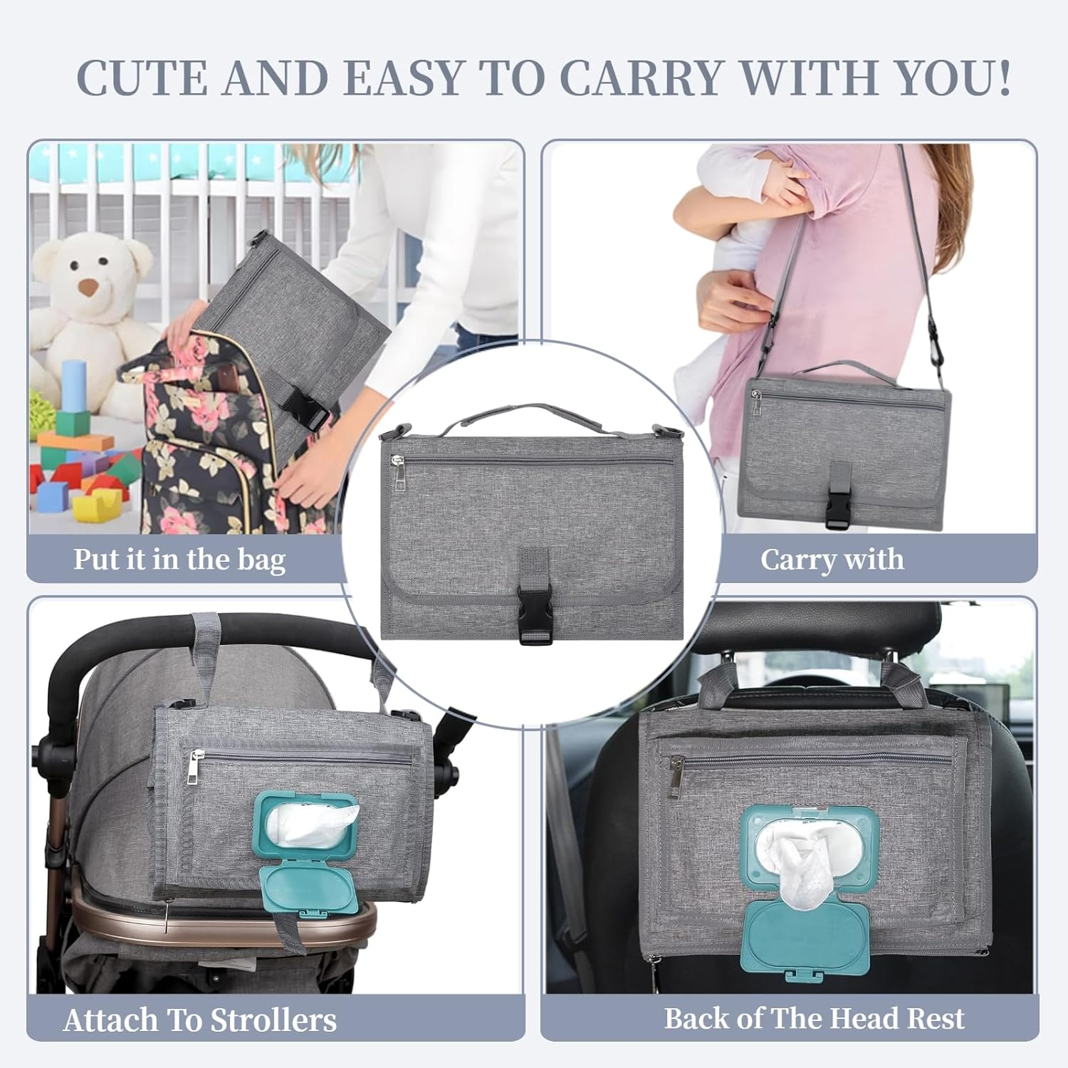 Portable Diaper Changing Pad, Baby Changing Mat with Smart Wipes Pocket, Waterproof Changing Station Kit, Portable or Shoulder，Foldable Changing Pad for Baby Shower, Travel, Walking image number 2