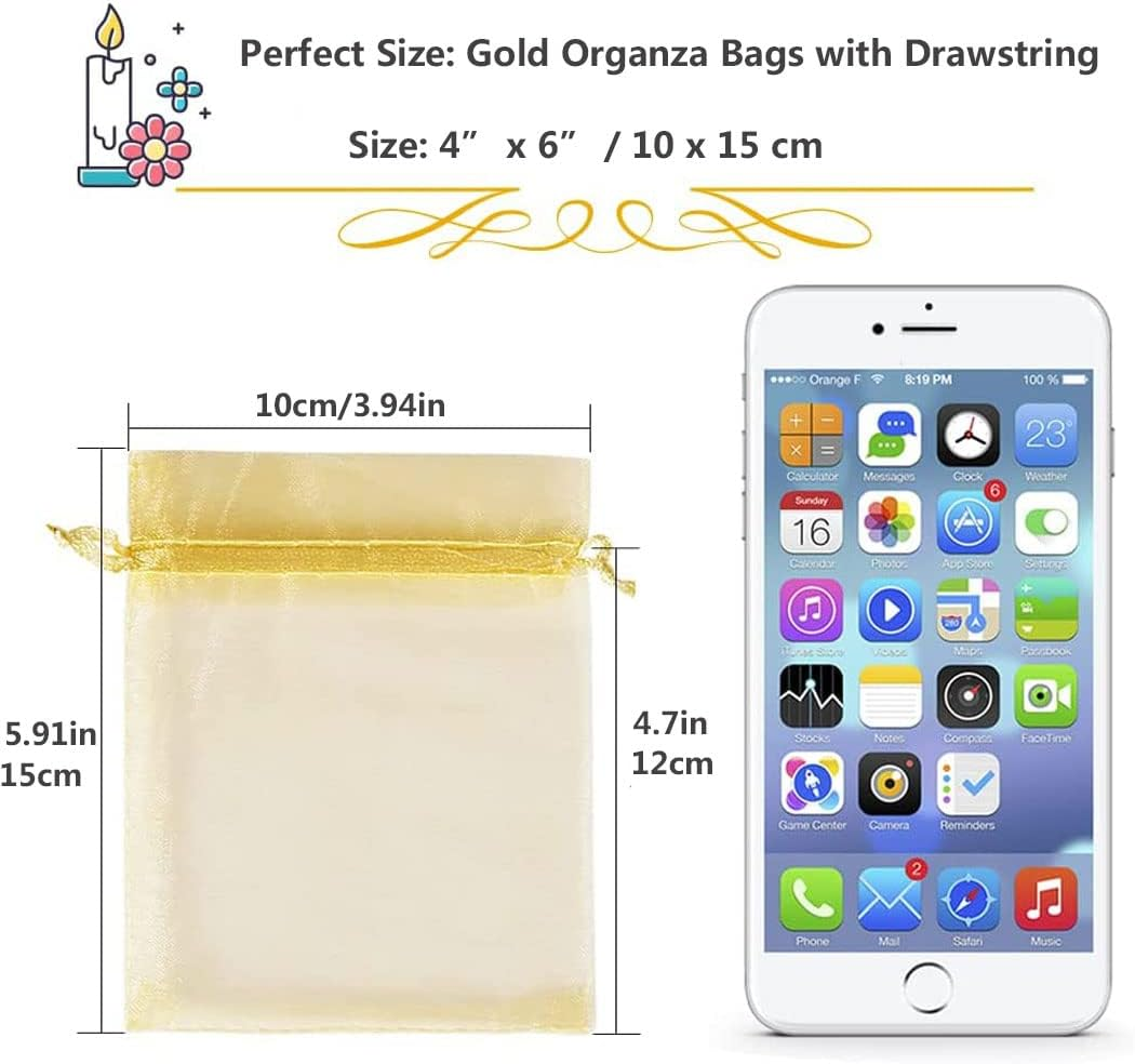 Idopick 100PCS 4X6 Inches Sheer Organza Bags, White Wedding Favor Bags with Drawstring, Small Jewelry Gift Bags for Party, Jewelry, Festival, Makeup Organza Favor Bags,Net Gift Bags,Drawstring Goody Bags (Gold) - Multicolor image number 3