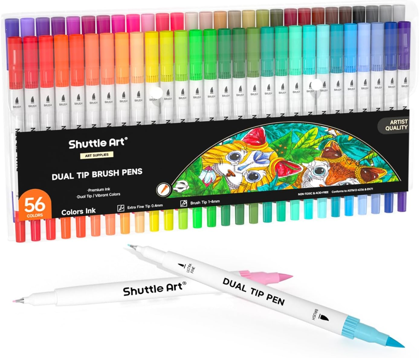 Shuttle Art Dual Tip Brush Pens, 56 Colours Brush Tip Drawing Markers with 0.4Mm Fineliner Markers Pens Set for Kids Adult Artist Calligraphy Hand Lettering Journal Doodling Writing
