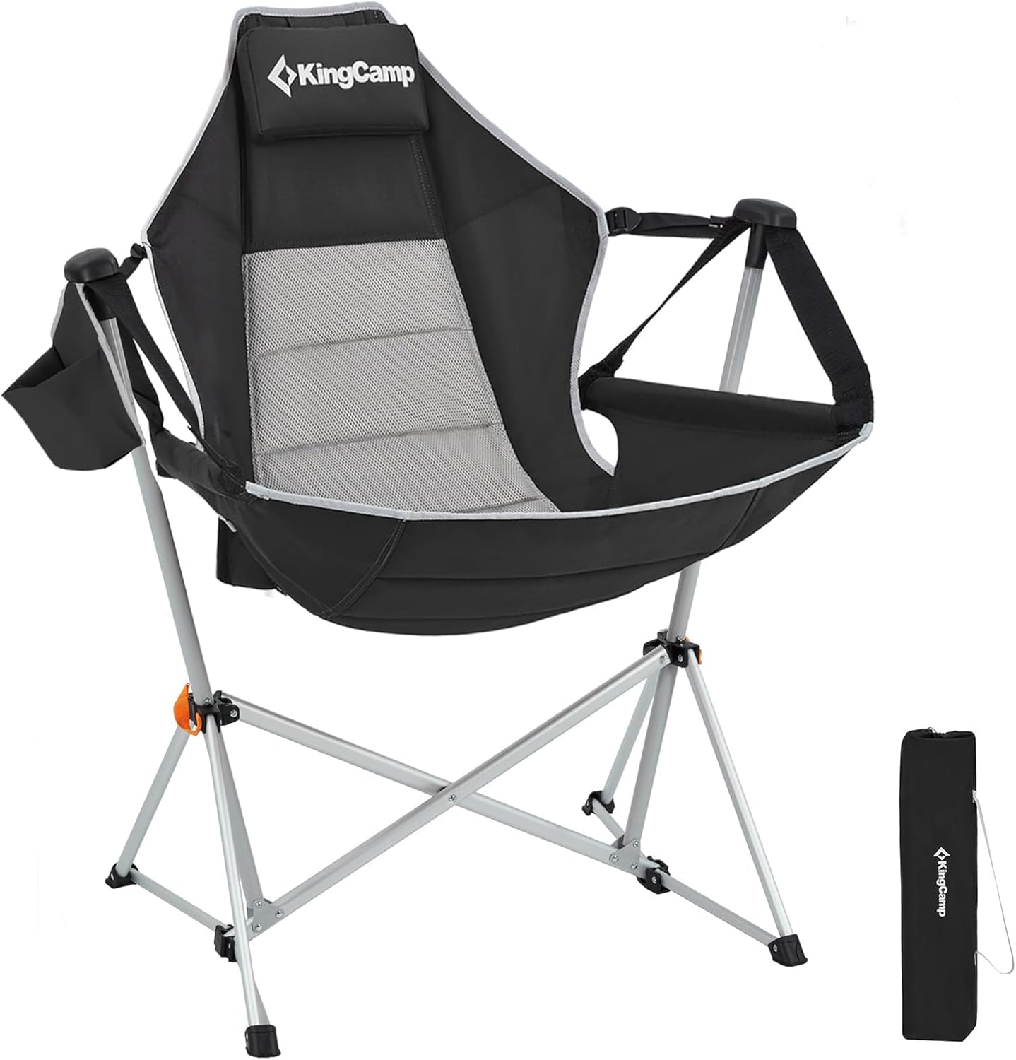 Kingcamp Hammock Camping Chair Swinging Rocking Recliner Chair for Backyard Lawn Beach Camp outside Indoor Adults Portable Lounger Folding Chair Hold up to 300Lbs with Carrying Bag (Black/Grey)