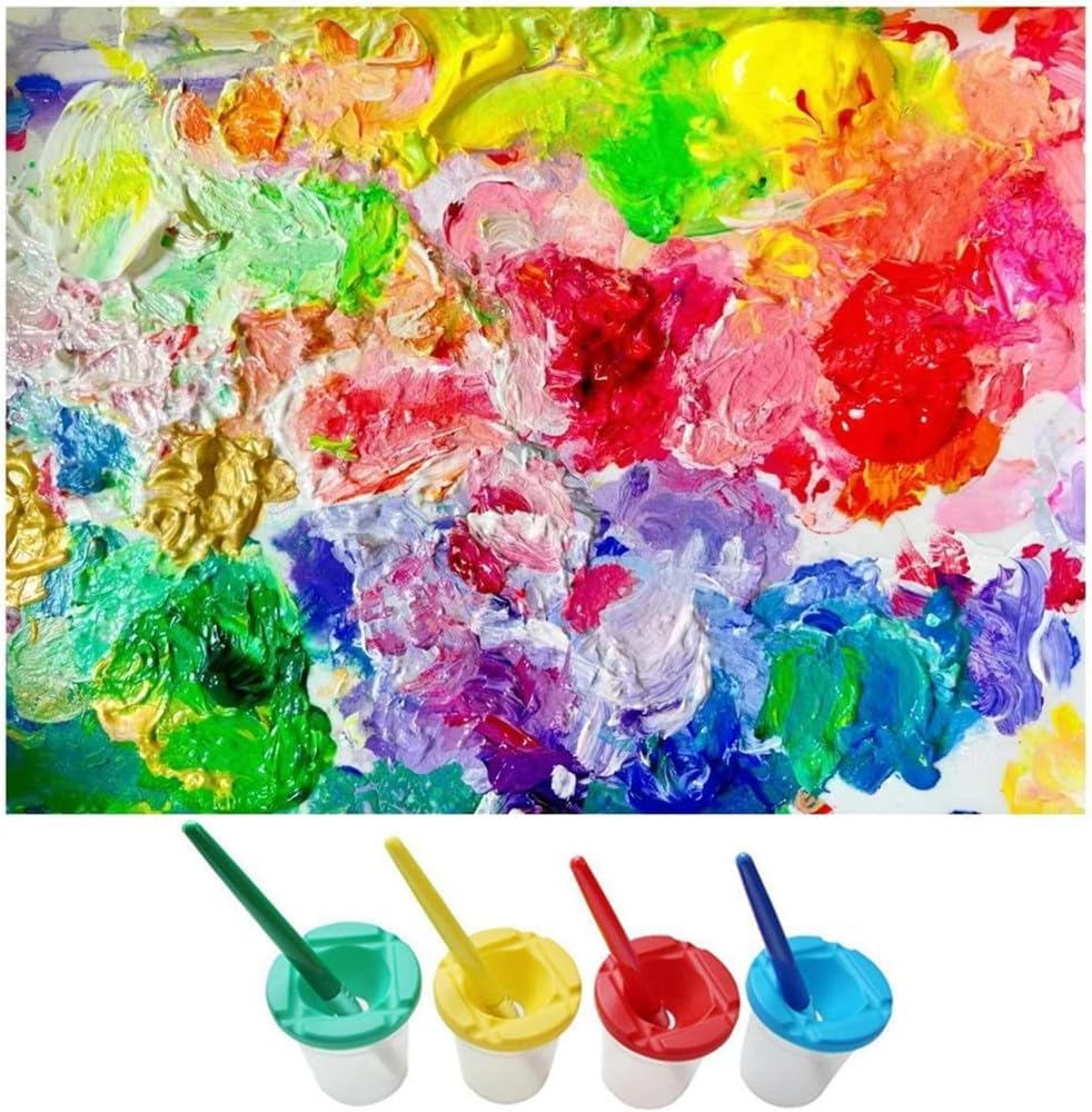 Colorful Paint Cups with Brushes, Granmagazz 4 Pack No Spill Paint Cups with Lids, No Spill Paint Cups Set, Spill Proof Paint Cups with Brushes for Art Craft Painting Class