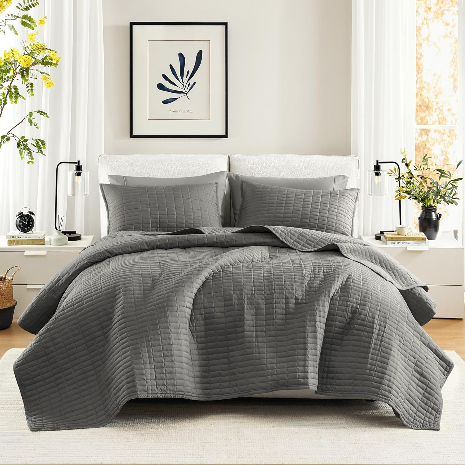 Comfort Spaces Kienna Quilt Set-Luxury Double Sided Stitching Design Summer Blanket, Lightweight, Soft, All Season Bedding Layer, Matching Sham, Charcoal Grey, Coverlet King (104"X90") 3 Piece image number 3