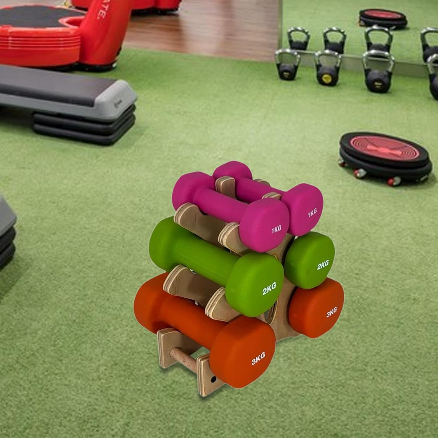 Pegciuho Compact 3-Tier Wooden Dumbbell Rack for Fitness and Weightlifting Training image number 2