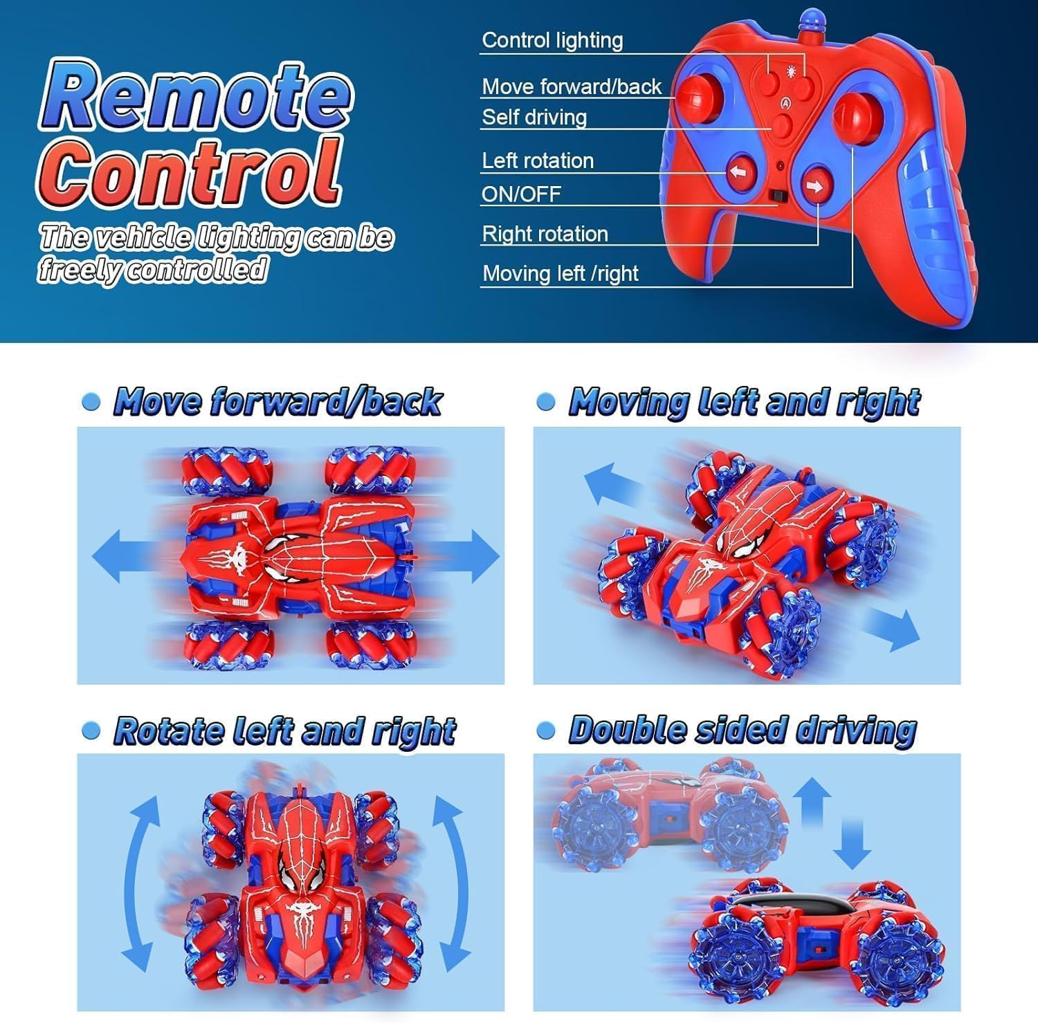 Spider Remote Control Car,2.4Ghz 360&deg;Rotating Double Sided RC Stunt Cars with Cool Headlights,Rechargeable 4WD All-Terrain Toy Car for Boys Age 4-7 8-12 Birthday Xmas Gift image number 6