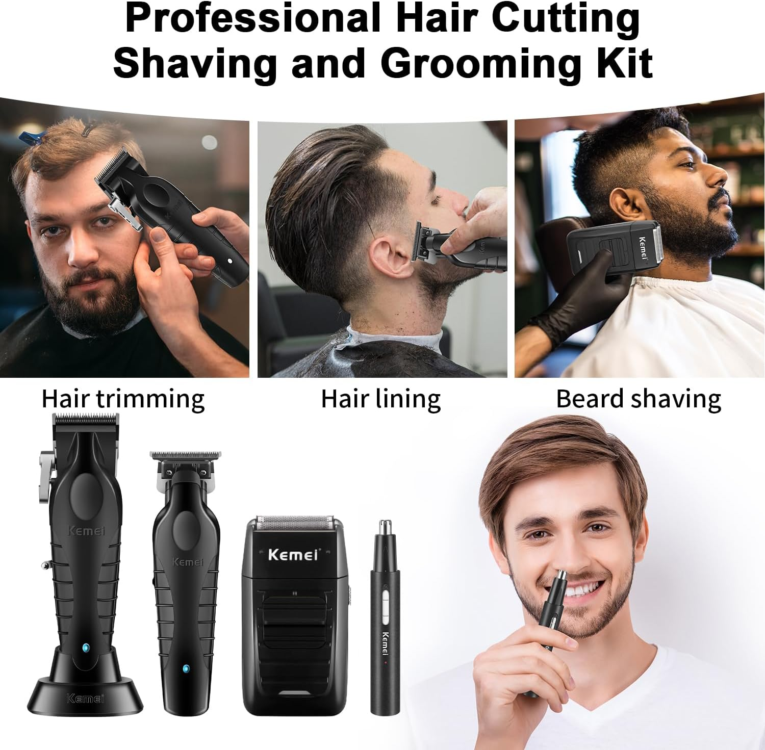 KEMEI Professional Hair Clippers for Men, Cordless Barber Clipper Beard Trimmer Foil Shaver Nose Eyebrow Ear Trimmer Set, USB Charging Complete Electric Hair Cutting Kit with 11 Guide Combs