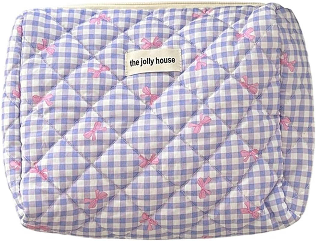 AZURAOKEY Quilted Makeup Bag Pink Bows Cosmetic Bag for Women Quilted Cotton Makeup Bag Set, Portable Coquette Aesthetic Toiletry Bag with Zipper, Cute Bows Travel Toilet Bag, Pink, S, Fashion