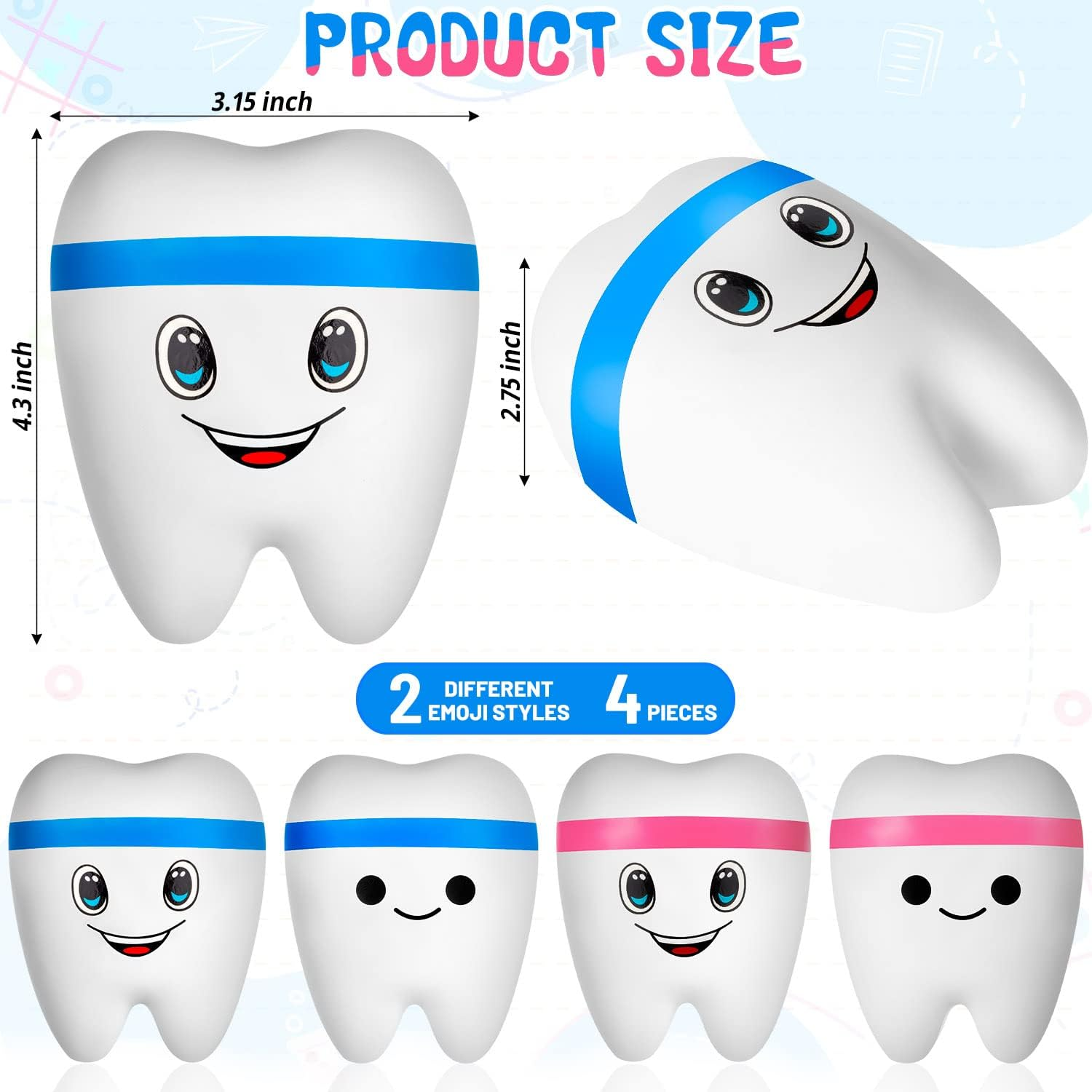 4 Pcs Jumbo Slow Rising Tooth Toy, Cute Teeth Stress Balls Toys, Squeeze Fidget Toys for Adults Kids Party Favors