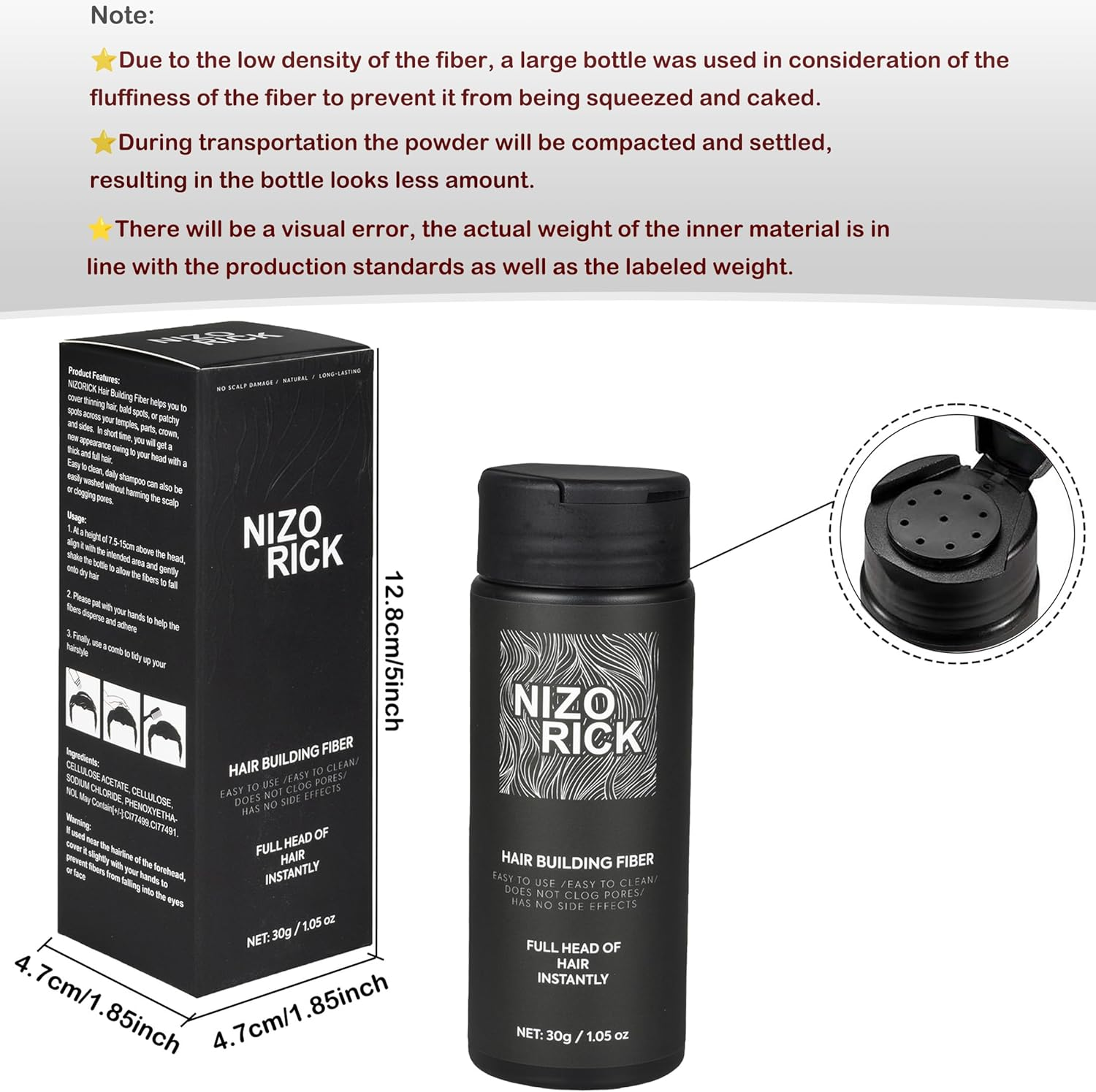 Hair Fibers for Thinning Hair,Hair Building Fibers Instantly Thicker & Fuller Look,Conceals Hair Loss Fill in Fine Hair Powder for Women and Men 30G/1.05Oz (Black) image number 6