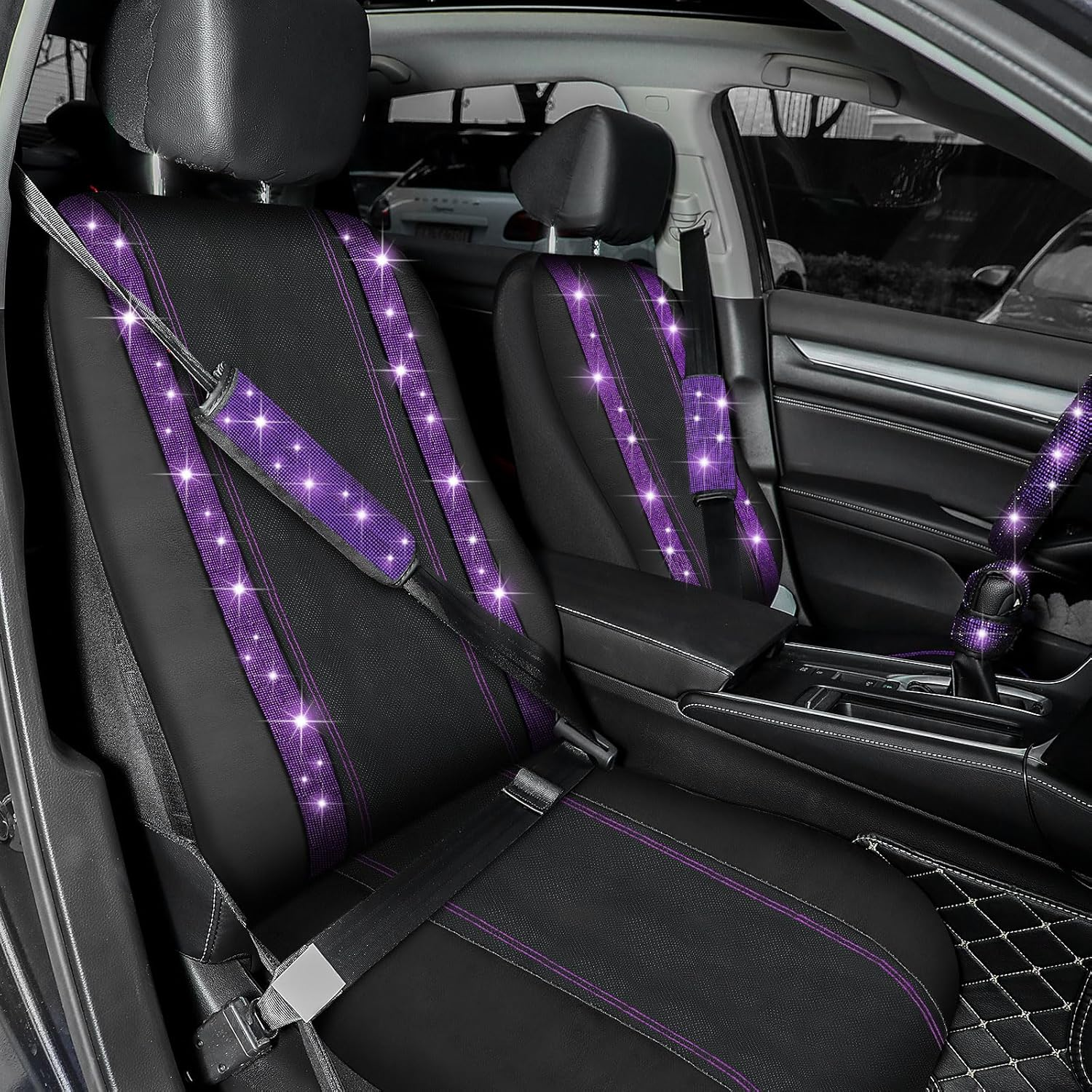 Bling Car Seat Covers Set Car Diamond Accessories with Shiny Bling Car Seat Covers Bling Steering Wheel Cover Seat Belt Pads Glove Glitter Center Pad Cup Drill Rings Universal (Purple, Front Seat) image number 4