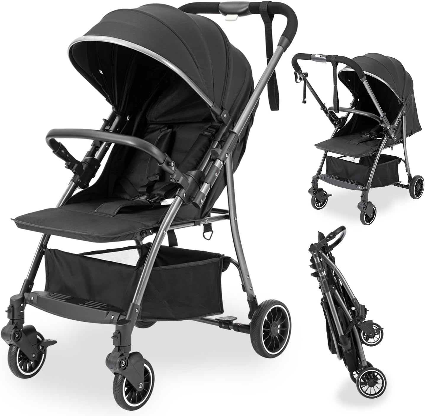 Lightweight Baby Stroller, Compact Travel Stroller for Airplane with One-Click Fold, Toddler Stroller with Adjustable Backrest & Canopy, Large Storage, Large Seat Area, Steel Frame for Travel and More