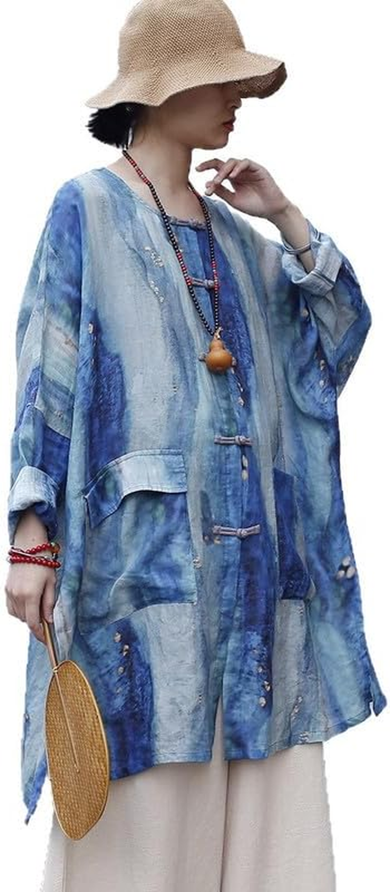 Bohemian Summer Linen Blend Shirt Dress Loose Fit Long Tunic Top with round Neck