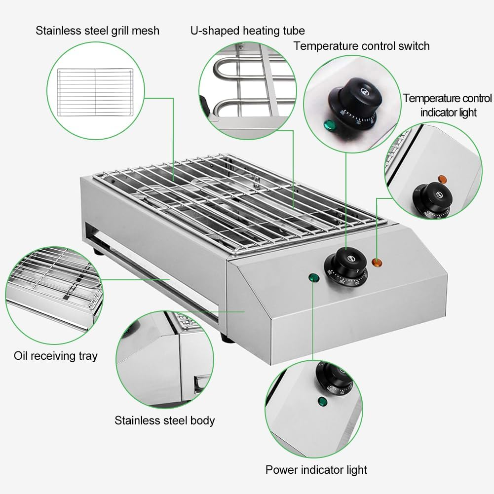 Indoor Smokeless Grill, 2600W Commercial Electric Grill Stainless Steel Barbecue Oven Grills with Oil Pan Suitable BBQ Equipment for Indoor and Outdoor Camping image number 6