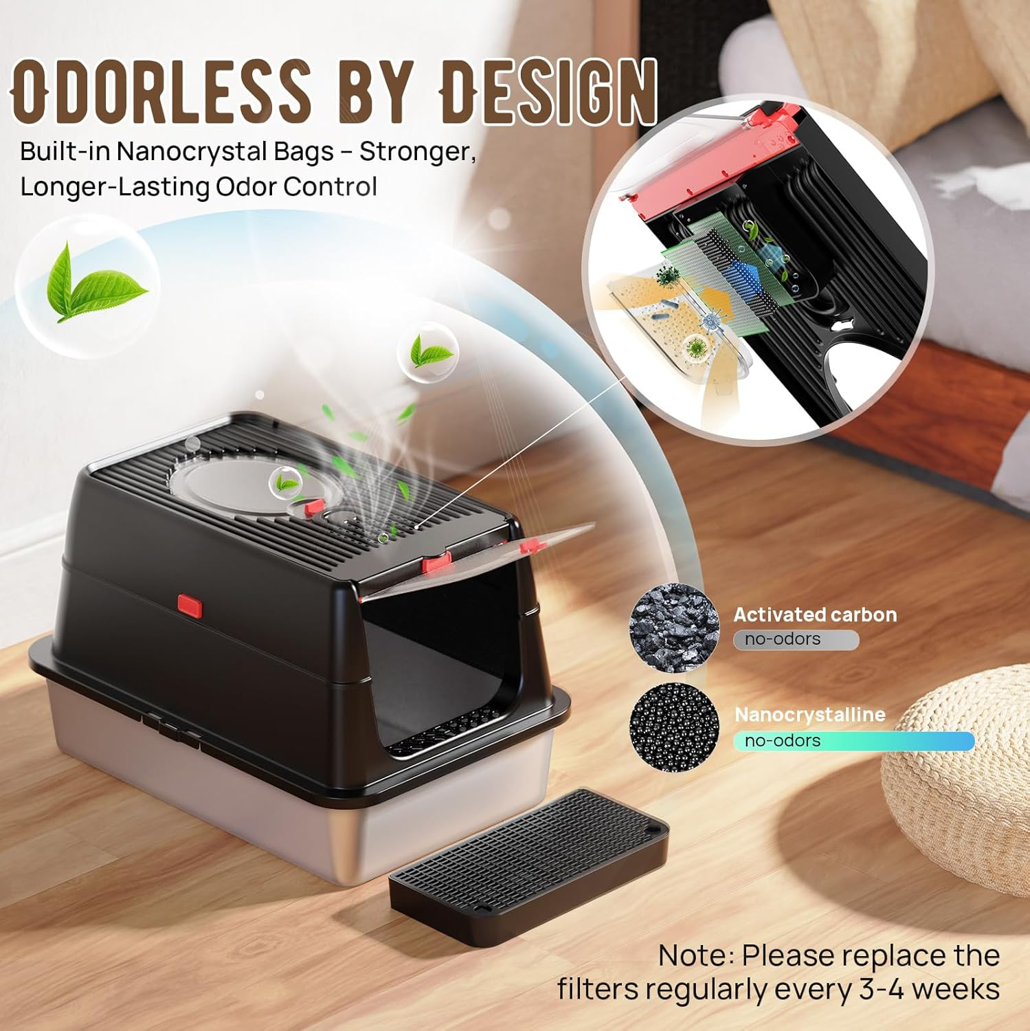 Stainless Steel Cat Litter Box: Enclosed Cat Litter Boxes with Lid - Extra Large Metal Kitty Litterbox with High Sides Top Entry XL Litter Pan Tray for Big Cats Anti-Leakage(Xl Black) - Black New image number 5