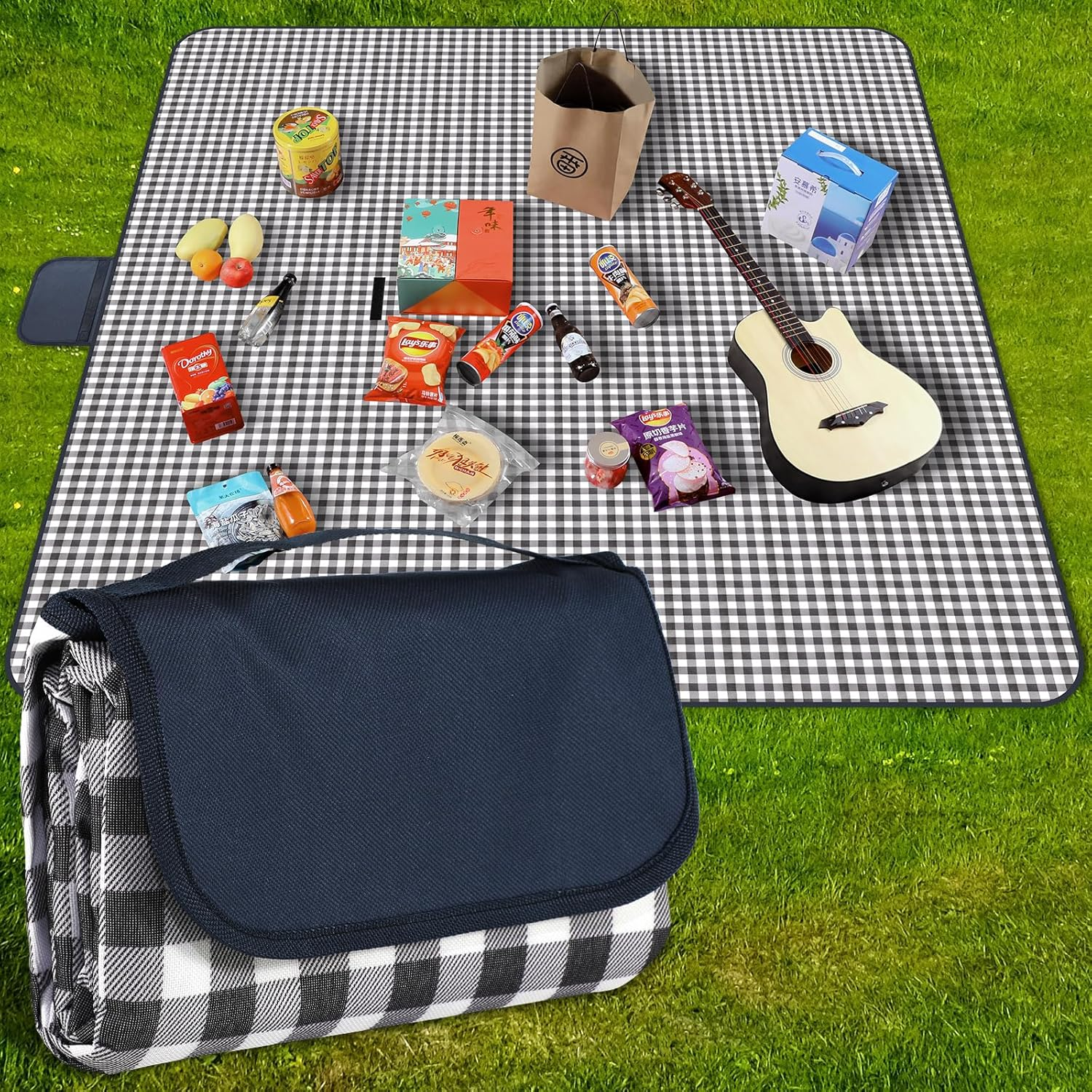 Picnic Blanket Waterproof Beach Rug Picnic Mat Washable Lightweight with Handle Yellow Checkered for Hiking Travelling Outdoor Camping,Parks,200Cm * 200Cm