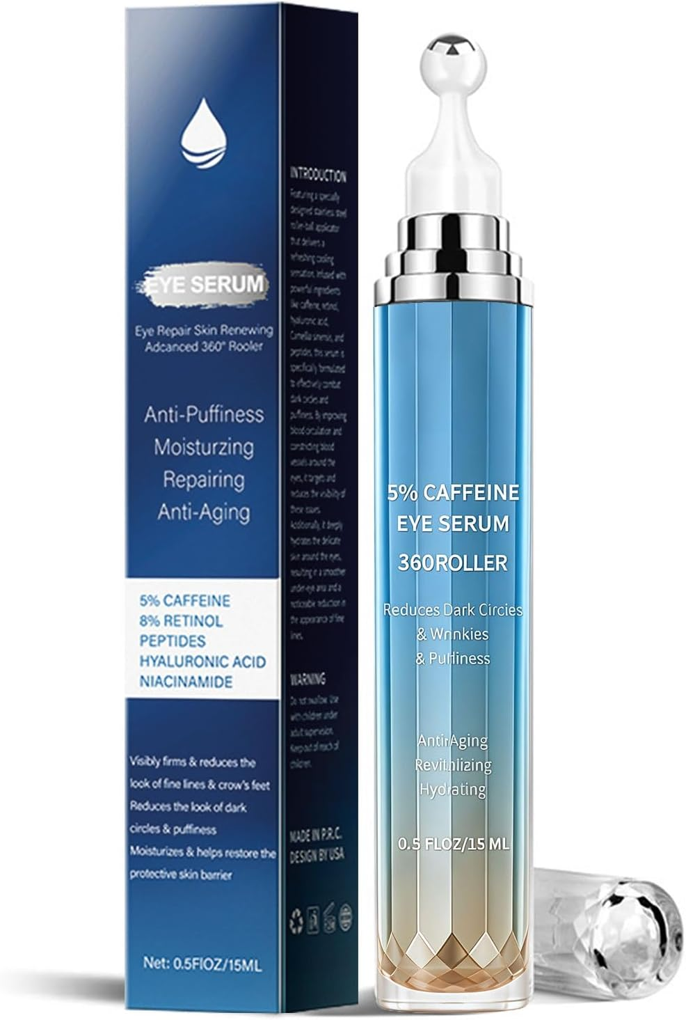 Eye Cream with 5% Caffeine Hyaluronic Acid, Eye Serum with 360&deg; Roller Massage Ball for Puffy, Fine Lines, Dark Circles and Wrinkles, under Eye Treatment Serum for Women & Men (Blue) image number 4