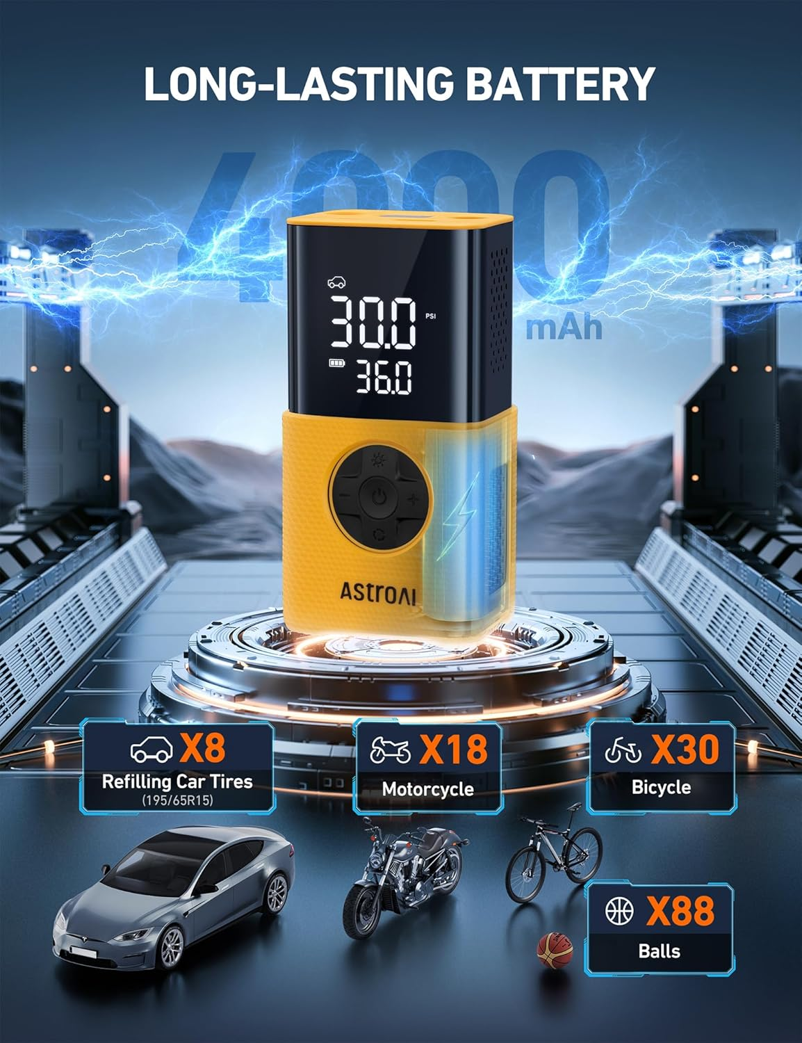 Astroai L7S Tyre Inflator Portable Air Compressor Cordless Bike Pump with Digital Dual Values Display, 150 PSI Car Tyres Pump with LED Lights Air Pump for Cars, Motorcycles, Bikes, Balls image number 6