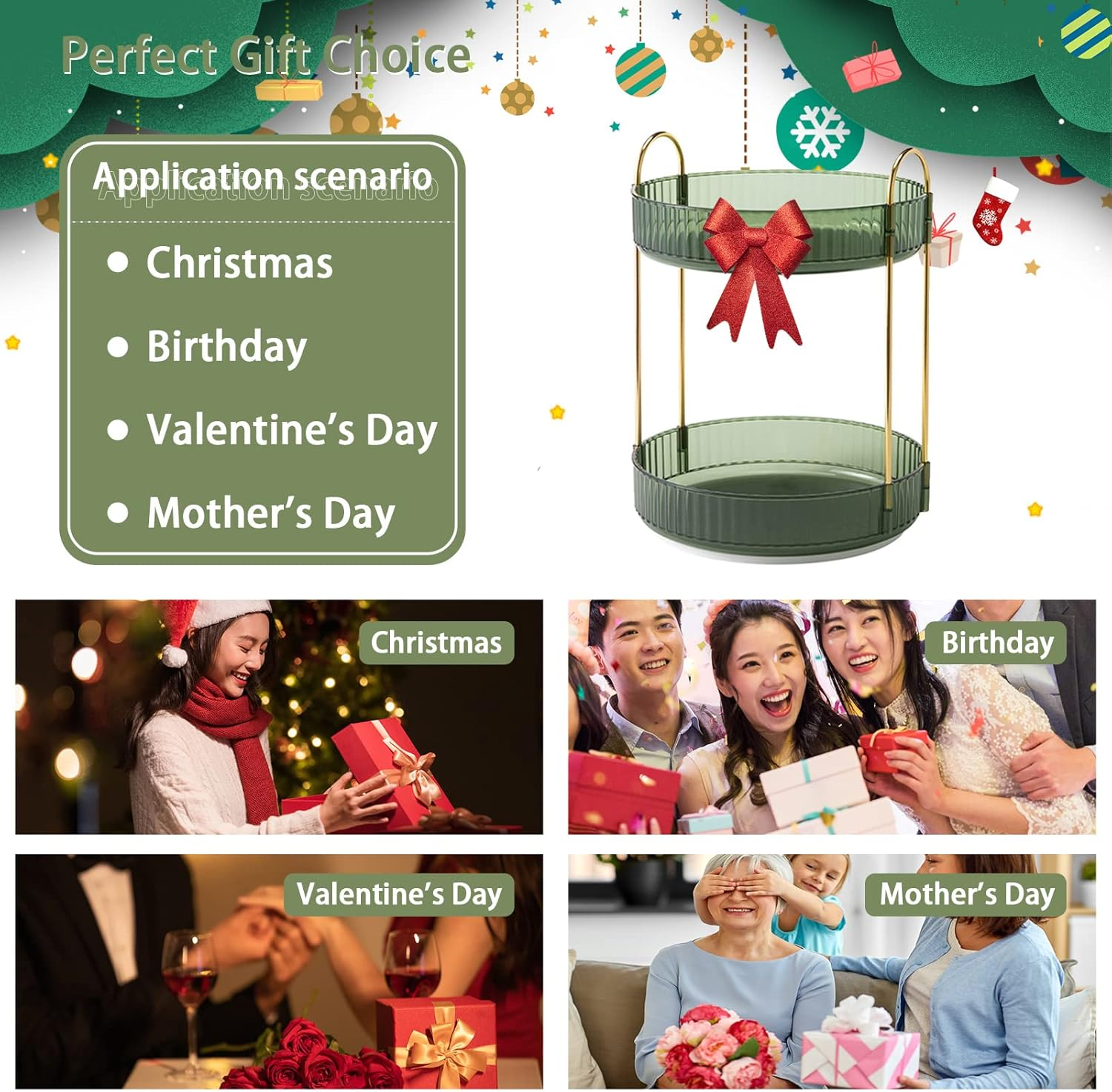 Shuang Qing Rotating Makeup Organizer for Vanity 2 Tier, High-Capacity Skincare Clear Make up Storage Perfume Organizers Cosmetic Dresser Organizer Countertop 360 Spinning （Green）, (HZPSNLS001) image number 4