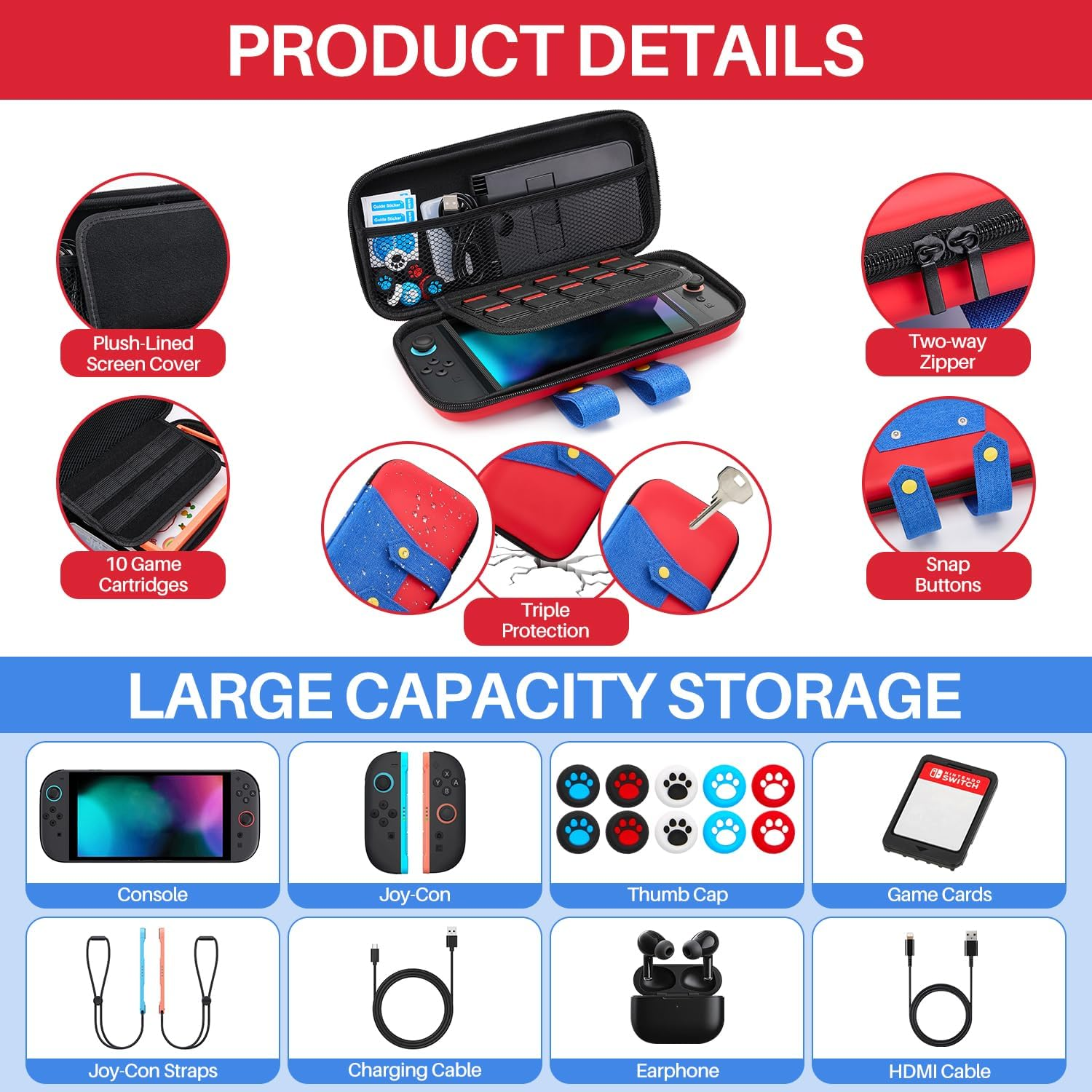 WOTOW Switch 2 Accessories Bundle Kit for Nintendo, Protective Carrying Case with Screen Protectors, Steering Wheels, Grips for Joy-Con2 and Console Protective Shells (Red + Blue) image number 6