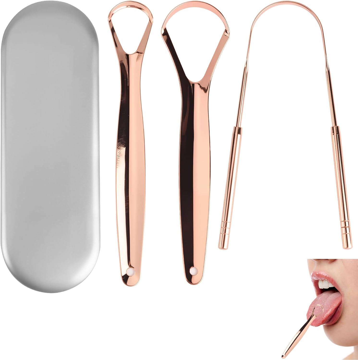 4Pcs Stainless Steel Tongue Scraper Set, Iron Box - Tongue Scraper & U-Shaped Tongue Cleaner, Oral Hygiene Products - Effective Tongue Raser for Fresh Breath, Healthier Smile Rose Gold image number 4