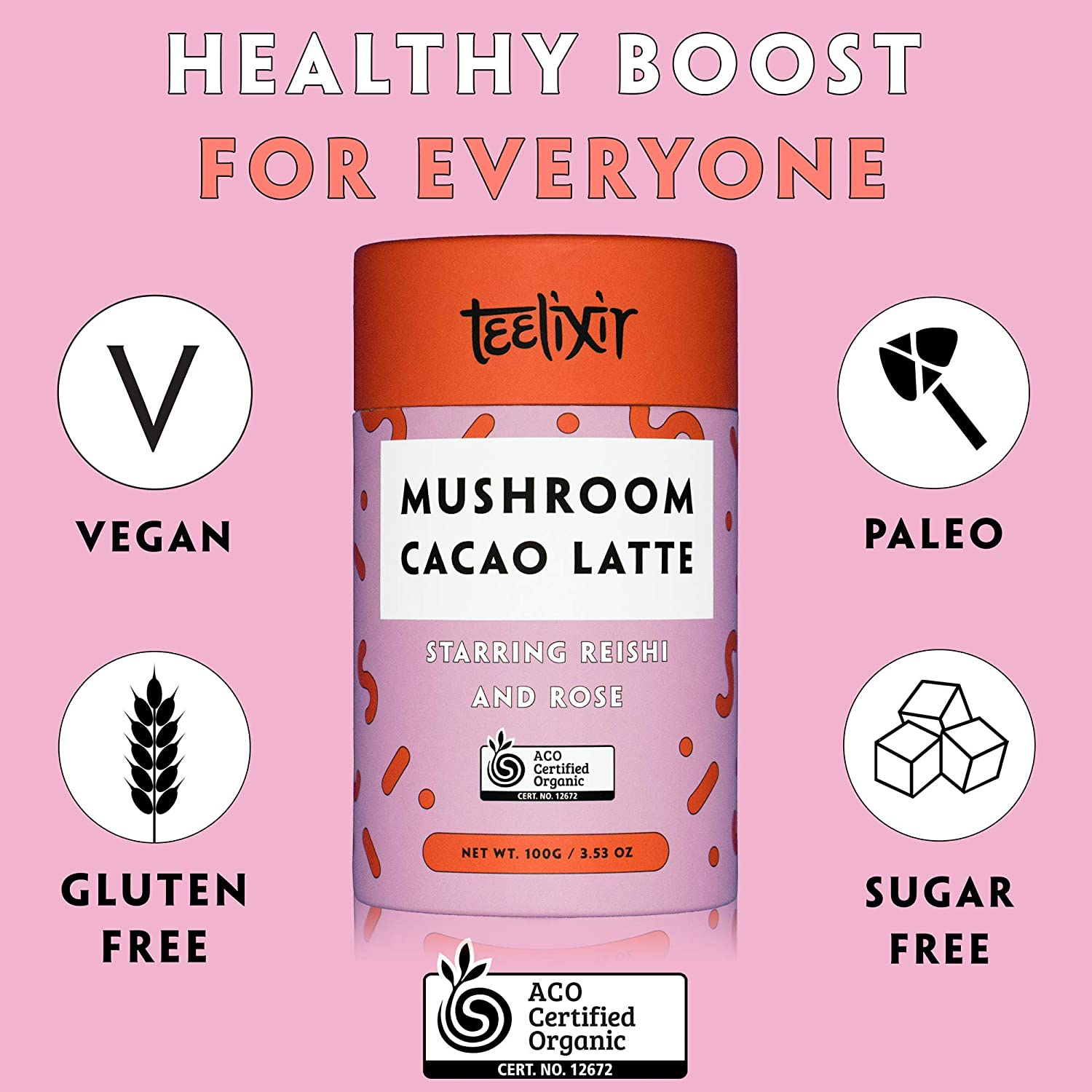 Teelixir Mushroom Raw Cacao Latte (100 G) Certified Organic Hot Chocolate Drink Mix with Reishi Superfood Extract Powder and Rose - Vegan, Paleo, Gluten Free, Unsweetened, Non GMO - Natural Stress and Sleep Support image number 2