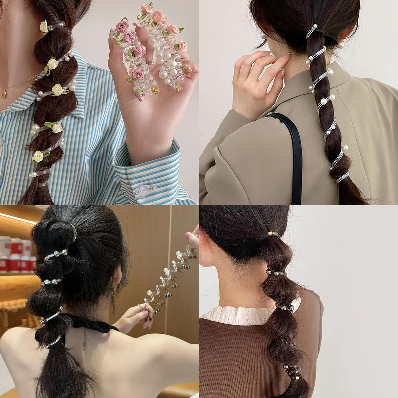 Gaodercha 4 Pack No Damage Soft Elastic Spiral Hair Ties Pearl Twisted Hair Wire Pony Hairs Tie Pearl Flower 2 Styles Hairs Accessories for Women Girls Daily Use image number 1